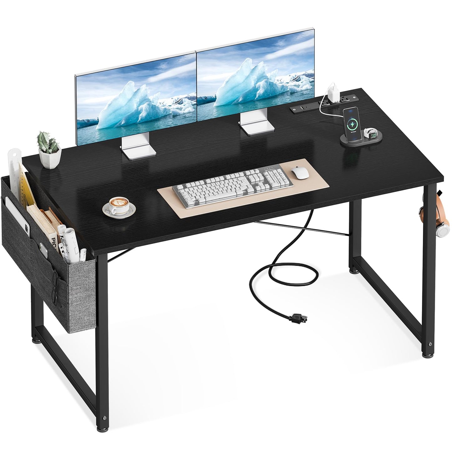 ODK Computer Desk - 48 Inch Office Writing Desk for Home, Student Study Desk with Storage Bag, Headphone Hook & Power Outlets, Modern Simple Table for Bedroom, Black