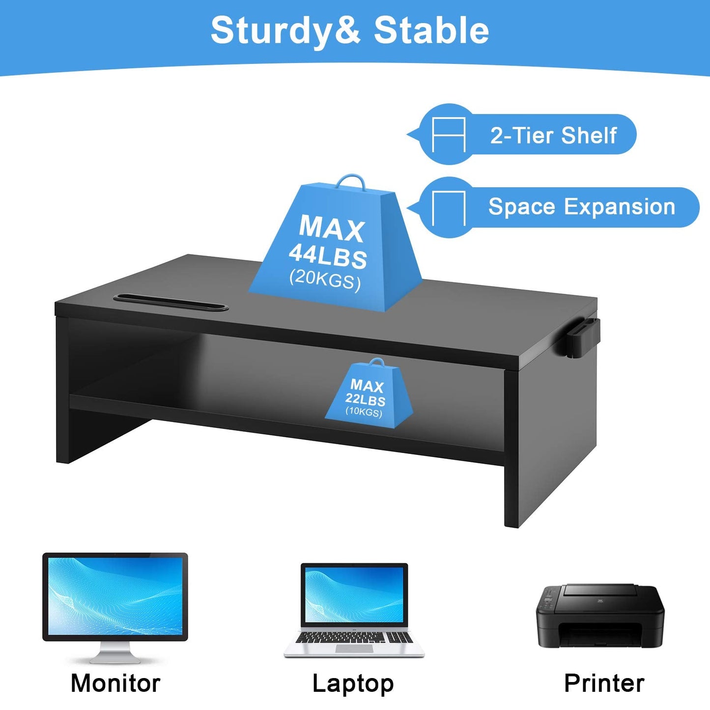 Marbrasse Monitor Stand Riser, 16.5 Inch 2 Tier Computer Printer Shelf Stand for Laptop Computer Screen Storage, Desktop Stand with Phone Holder and Cable Management Black