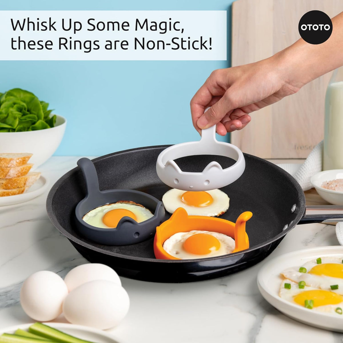 OTOTO PanCats Egg Ring Set of 3 - Silicone Egg Rings for Frying Eggs, Non Stick Fried Egg Cooker Ring, Cat Gifts for Cat Lovers, Cute Funny Kitchen Accessories Gadgets (Multicolor)