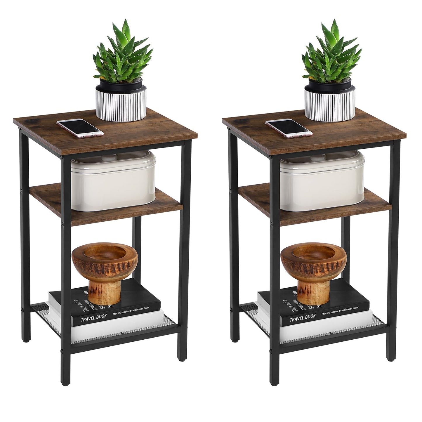 VASAGLE End Table Set of 2, 3-Tier Nightstands, Side Table for Small Space in Living Room, Bedroom, Steel Frame, Easy Assembly, 2-Pack, Chestnut Brown