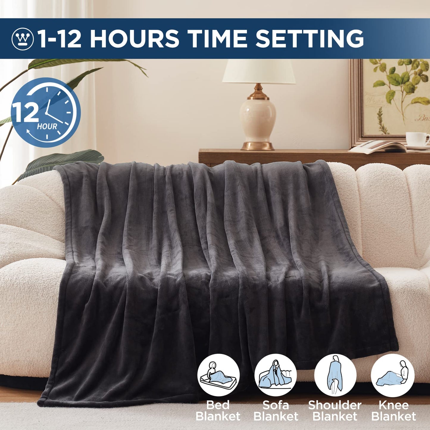 Westinghouse Electric Blanket Twin Size, Super Cozy Soft Flannel 62" x 84" Heated Blanket with 10 Fast Heating Levels & 1-12 Auto-Off, Machine Washable, ETL&FCC Certification, Charcoal