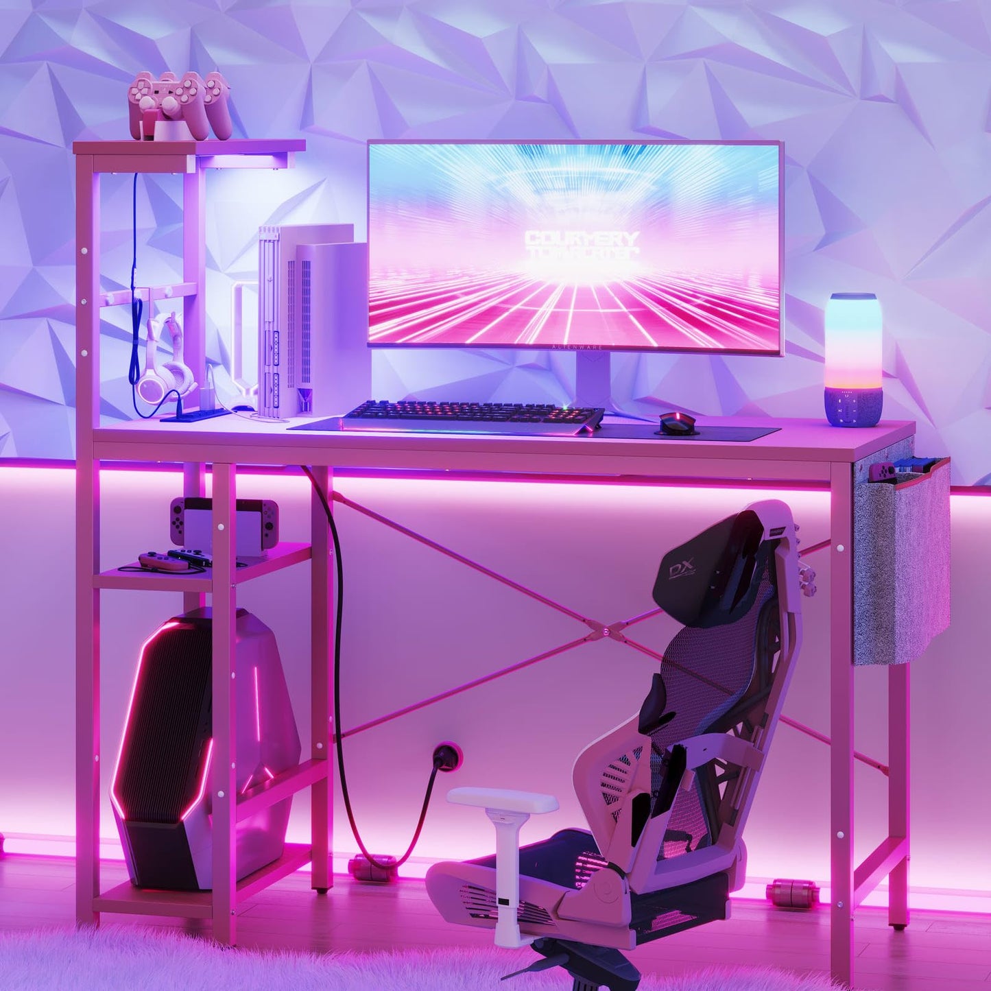 Bestier Pink Gaming Desk with Power Outlets, 44 Inch Led Gamer Desk with 4 Tiers Reversible Shelves, Computer Desk with Headset Hook & Side Storage Bag for Bedroom (Pink 3D Carbon Fiber)