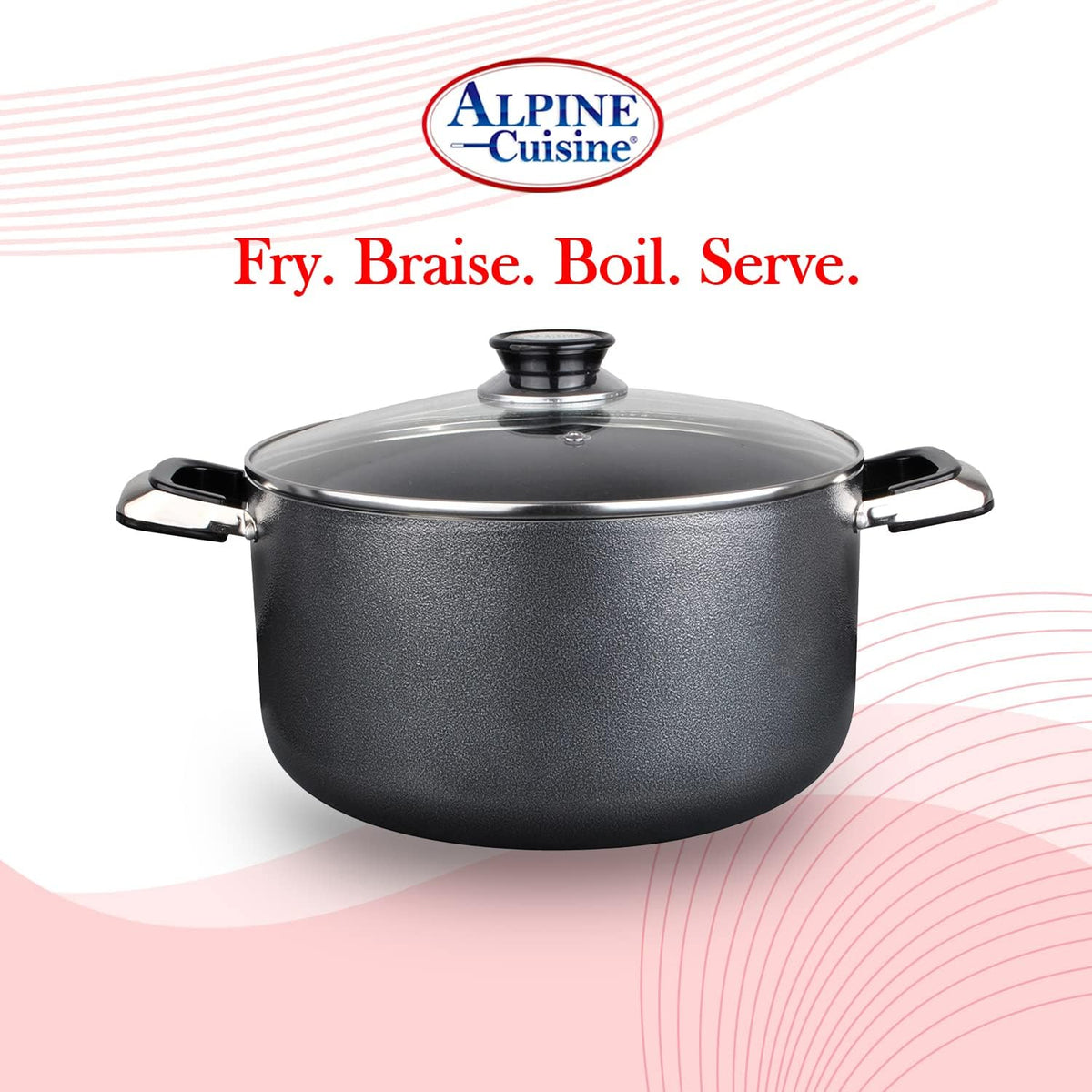 Alpine Cuisine 22 Quart Non-stick Stock Pot with Tempered Glass Lid and Carrying Handles, Multi-Purpose Cookware Aluminum Dutch Oven for Braising, Boiling, Stewing