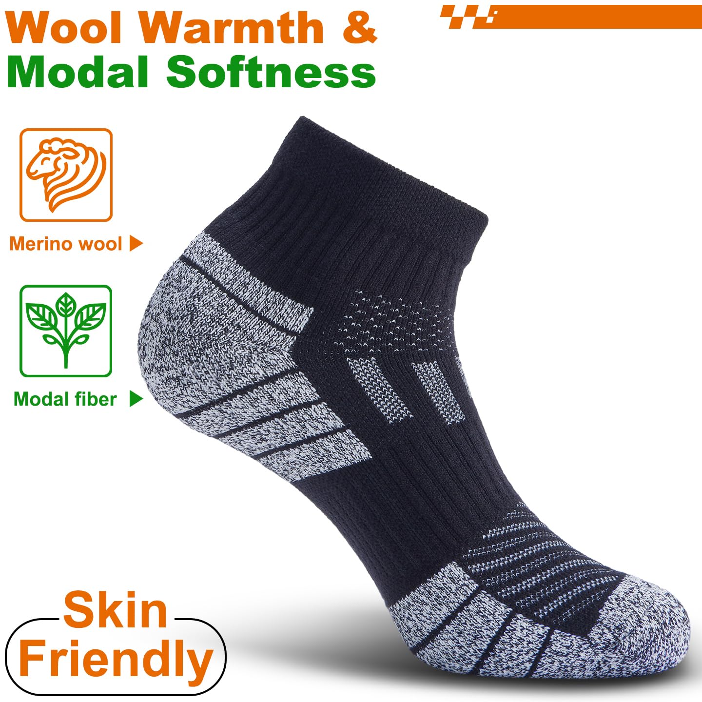 NSRRUN TURTLE Wool Compression Ankle Socks - Cozy Cushioned Hiking Running for Men Women - Thick Warm Durable, XX-Large, Black, 6 Pairs