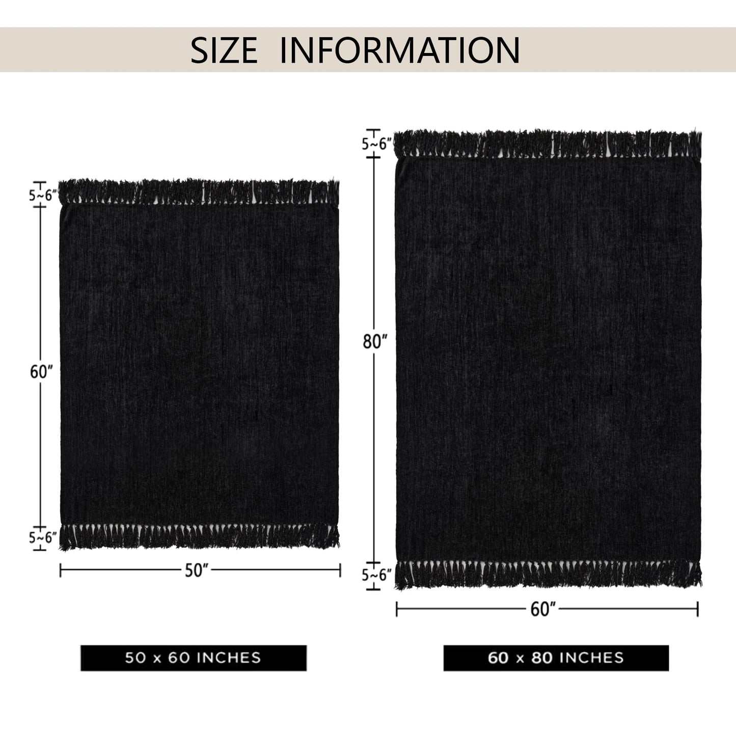 LONG CREATE Chenille Throw Blanket for Couch 50"X 60", Soft Cozy Throws with Fringe Tassel for Bed Sofa Chair Cover, Lightweight Knitted Decorative Boho Blankets for Living Room, Black