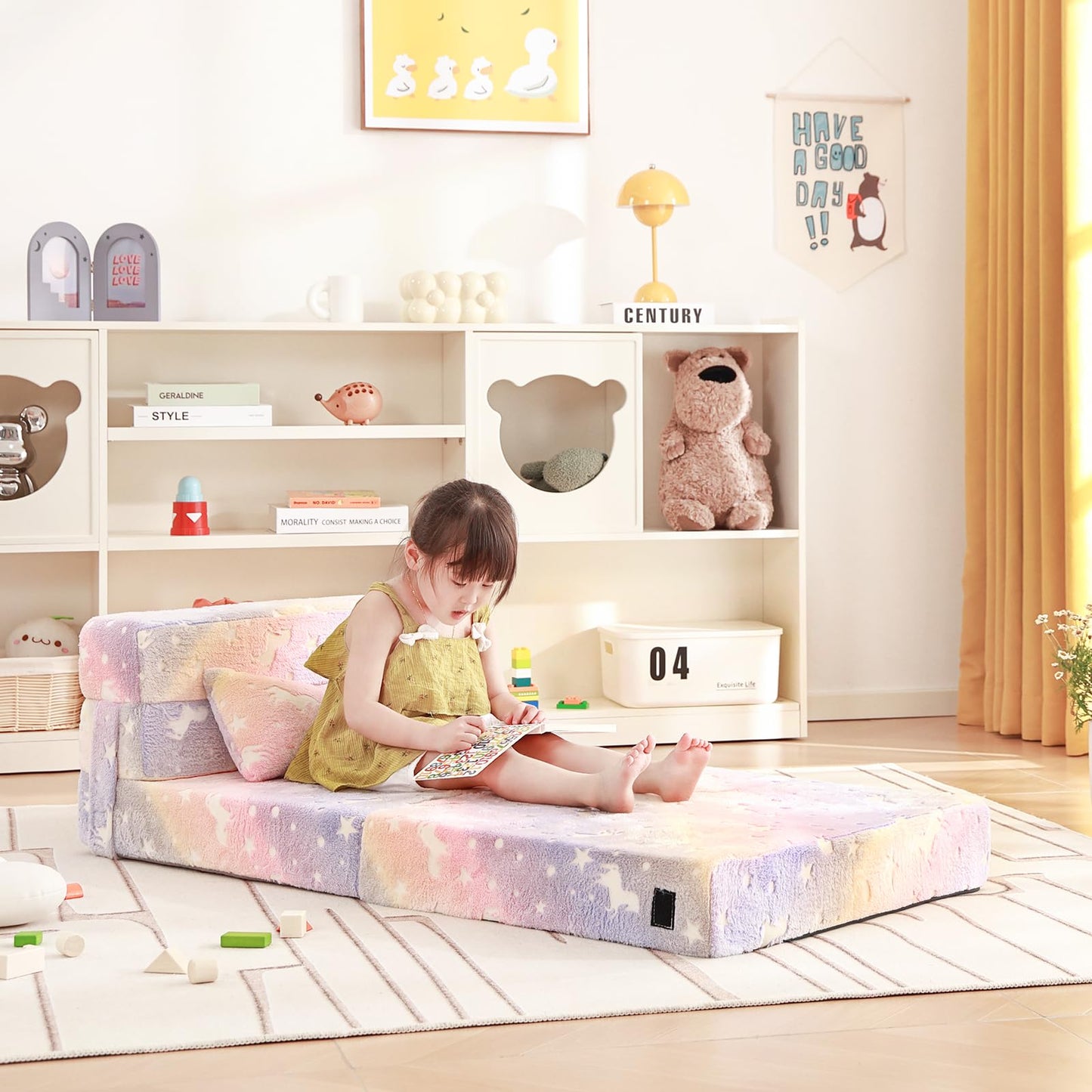 Givjoy Folding Sofa Bed Floor Mattress for Kids with Pillow, Toddler Washable Folding Floor Nap Mat Futon, Child Fold Up Sofa Chair Bed with Storage Bag for Girls and Boys