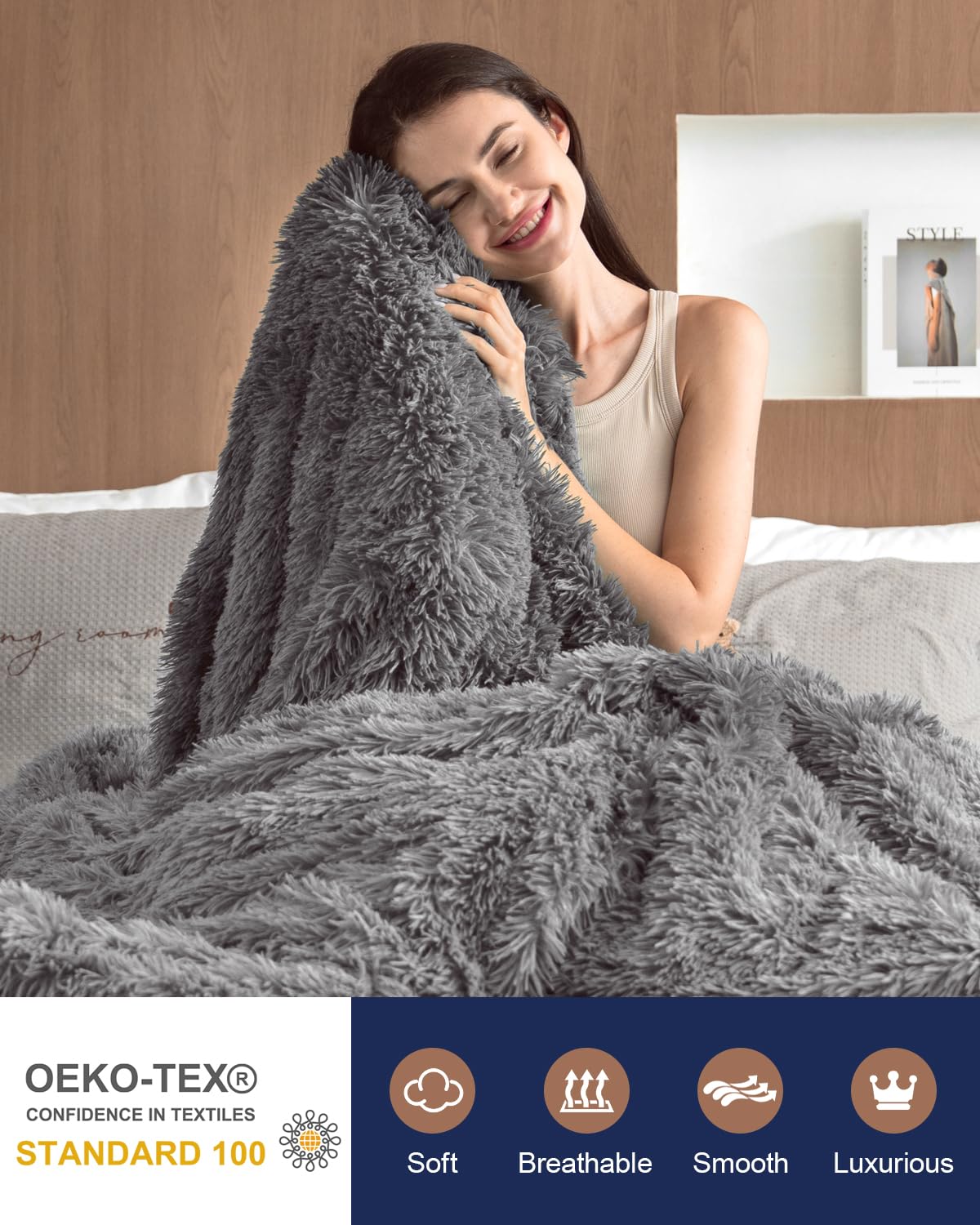 Pawque Faux Fur Blankets Queen Size 60x80 inches, Super Soft Fuzzy Fluffy Blanket, Warm Thick Sherpa Long Hair Shag Reversible Lightweight Cozy Throw for Bedroom Sofa Couch, Grey