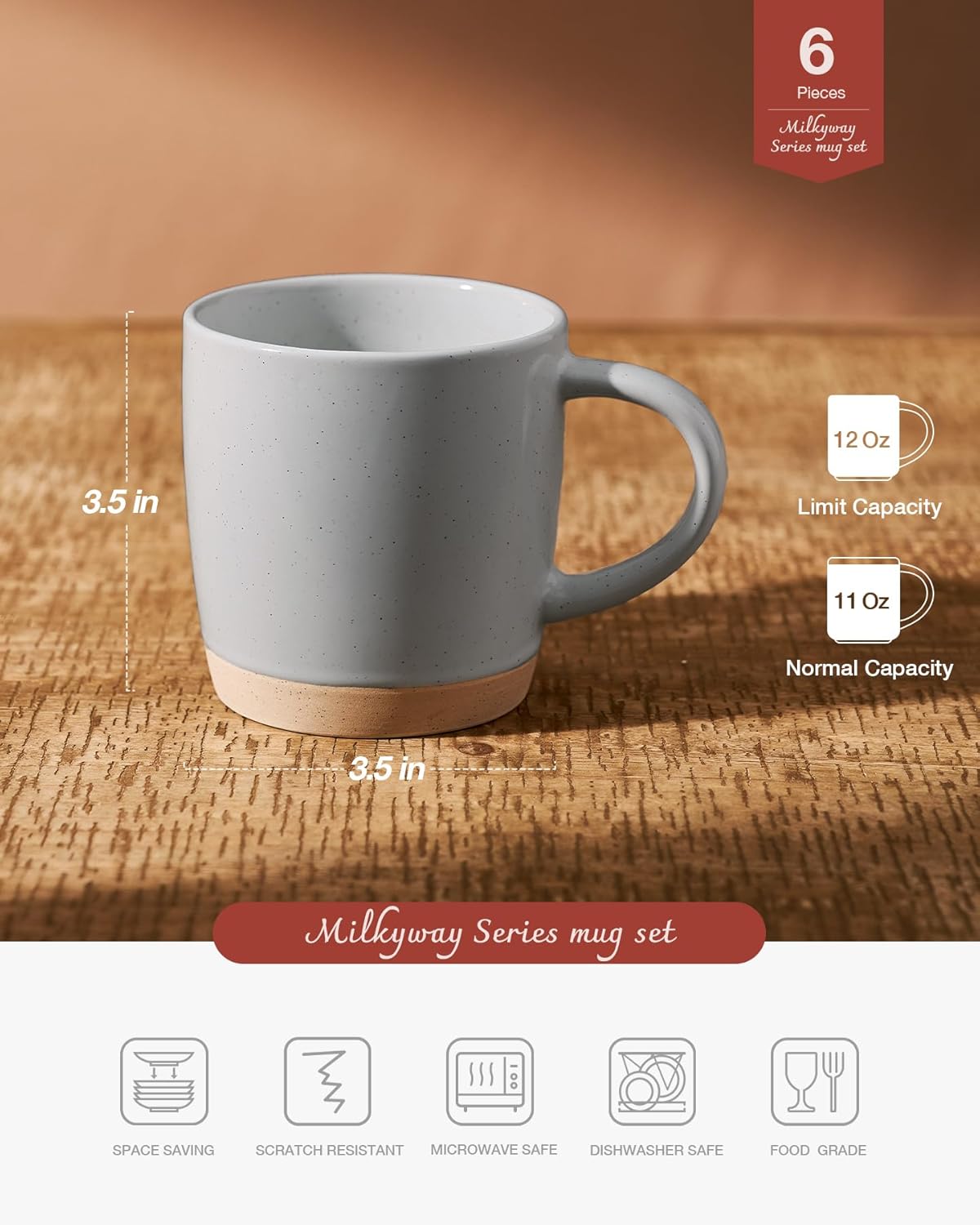 famiware Coffee Mugs for 6, 12 oz Mug Set, Dringking Cup with Handle for Coffee, Tea, Cocoa, Milk, Milkyway serise, Ligth Gray