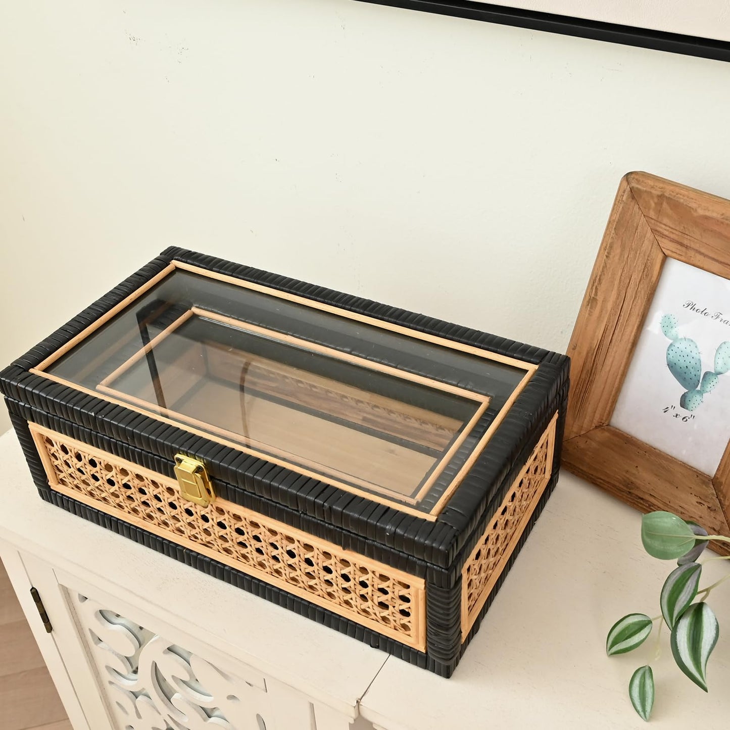 DECOR4SEASON Cane and Rattan Decorative Storage Boxes with Lids - Elegant Set of 2, Stacking Boxes with Glass Top, Handcrafted Rustic Charm for Home Organization (Rattan&Black, 14.1"x8.2"5.1")