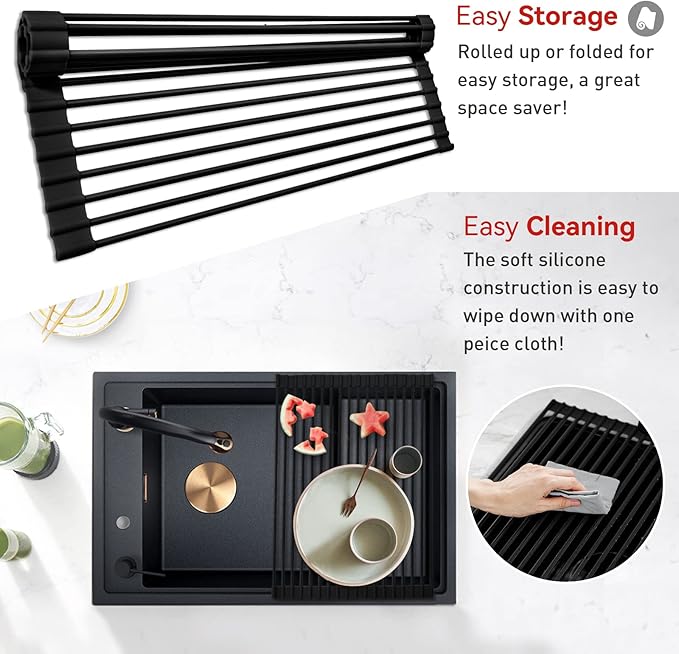 MERRYBOX Roll Up Dish Drying Rack Silicone Wrapped Over The Sink Dish Drying Rack Multipurpose Foldable Sink Drying Mat Anti-Slip & Anti-Rust Dish Rack for Kitchen, 17.5" x 13", Black