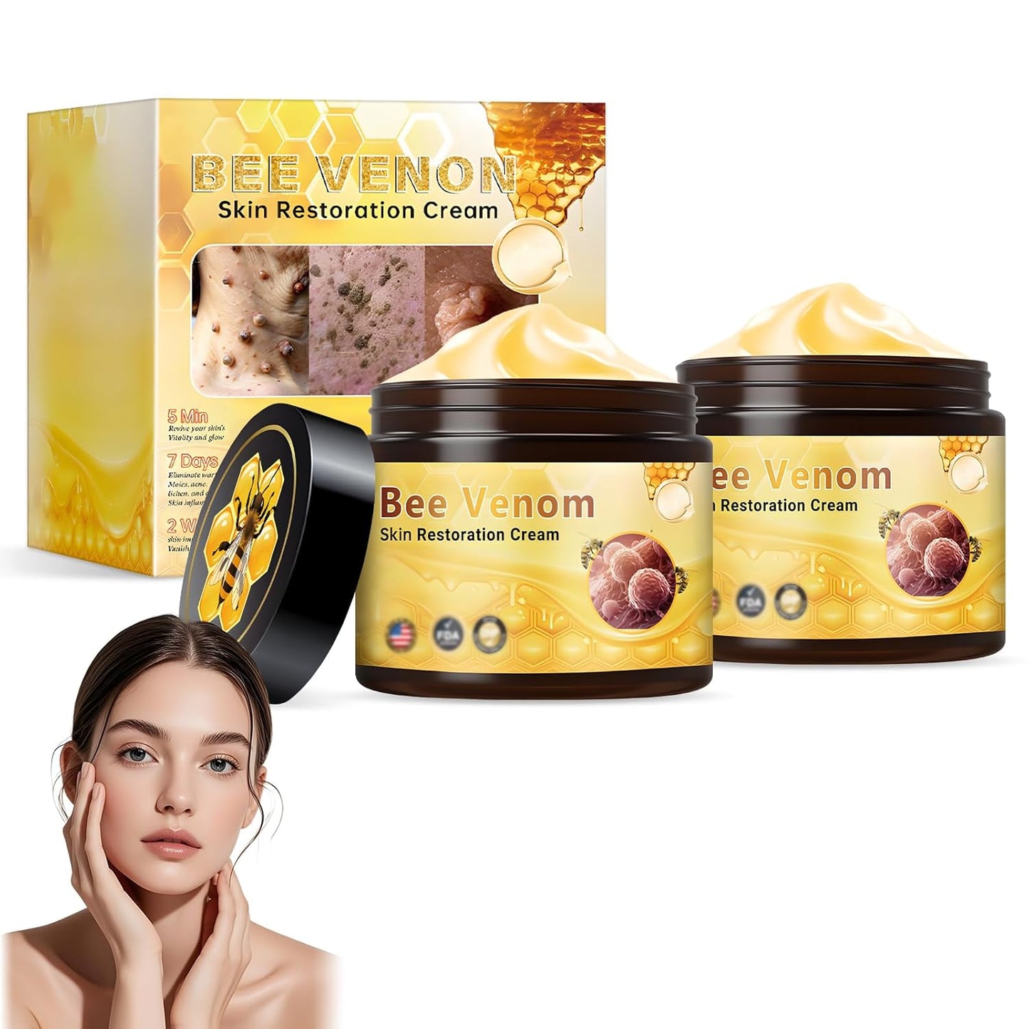 2Pcs Bee Venom Skin Restoration Cream, Professional Bee Venom Comprehensive Skin Treatment Cream, for Firming, Wrinkle Reduction & Moisturizing, Natural Serum for All Skin Types