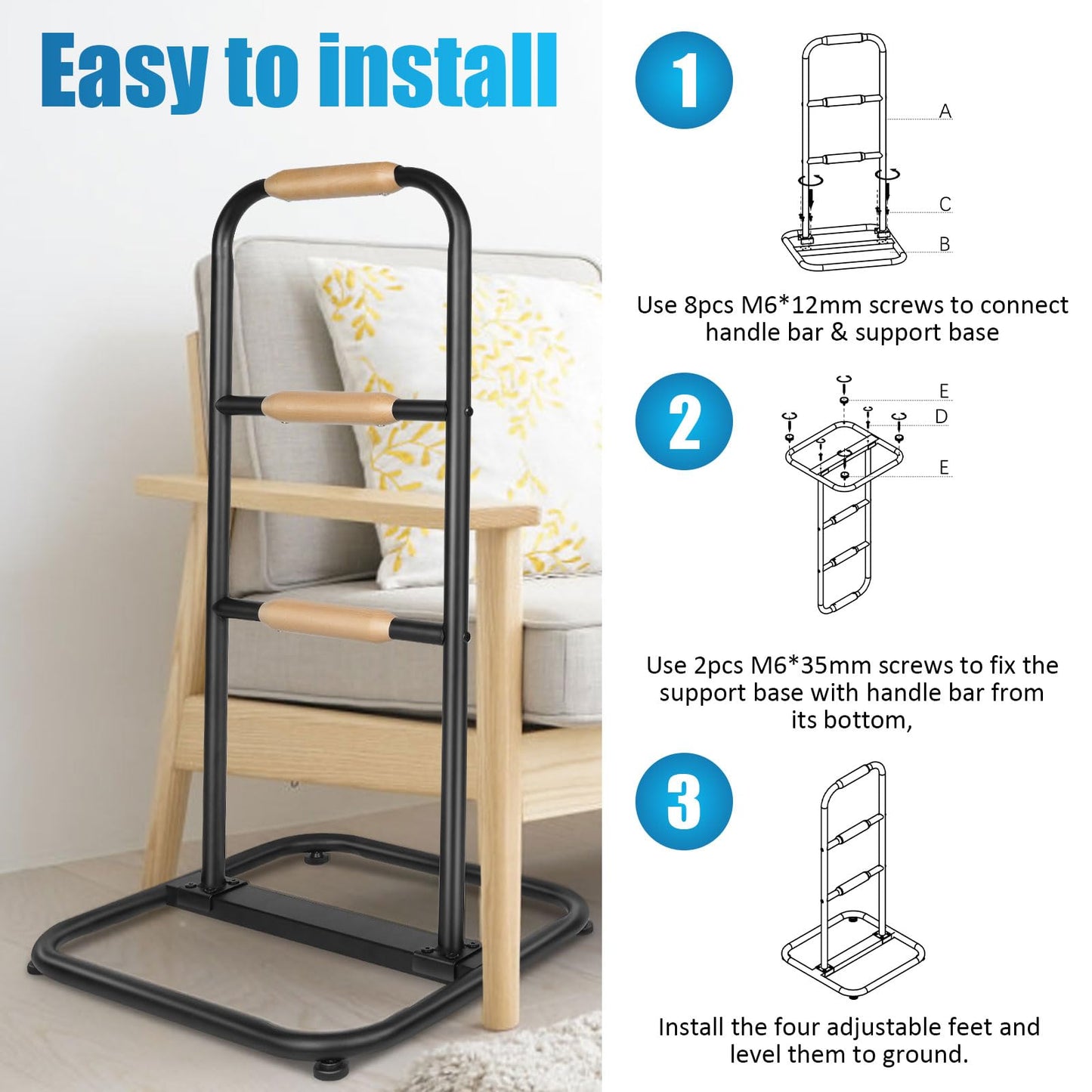 yeezoo Couch Stand Assist with Wooden Handles, Chair Sofa Stand sssist for Seniors, Standing aids & Supports Assist Devices for Elderly sit to Stand(400LBs Loading, 3 Heights, Matt Black)