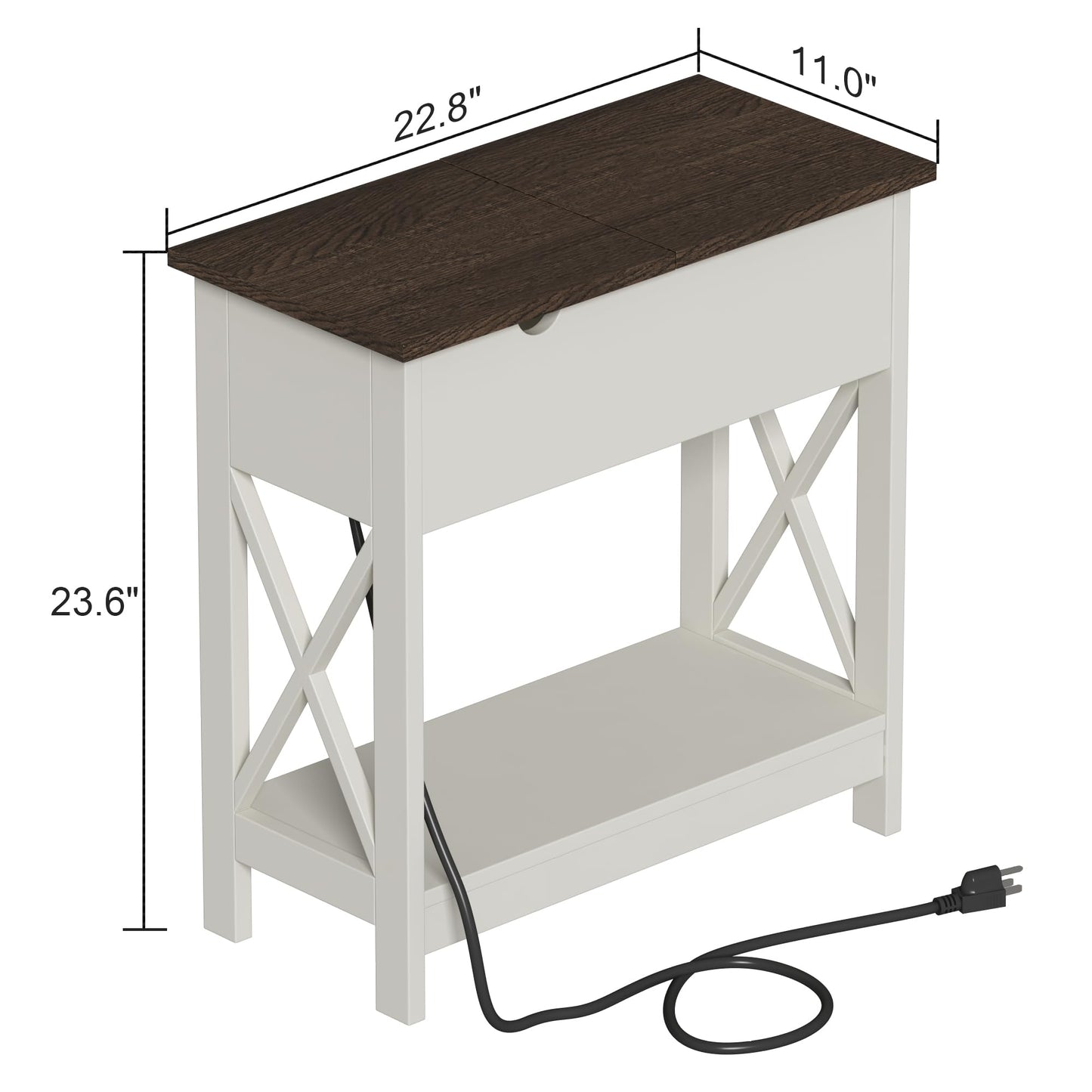 ChooChoo End Table with Charging Station, Narrow Flip Top Side Table with USB Ports & Power Outlets for Small Spaces, Nightstand Sofa Table for Living Room, Bedroom, White and Brown, 2 Pack