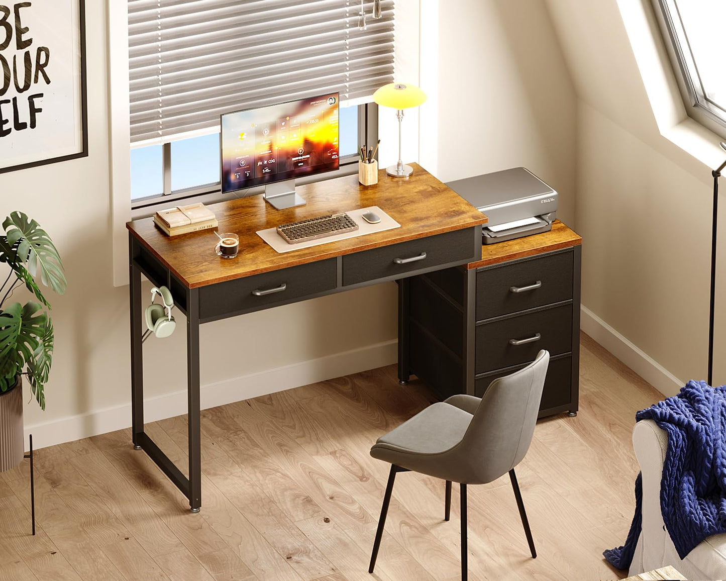 ODK Computer Desk with 5 Drawers, 53 Inch Office Desk with Printer Shelf, Reversible Work Desk for Home Office, Study Writing Table Desk with Drawers for Storage, Rustic Brown