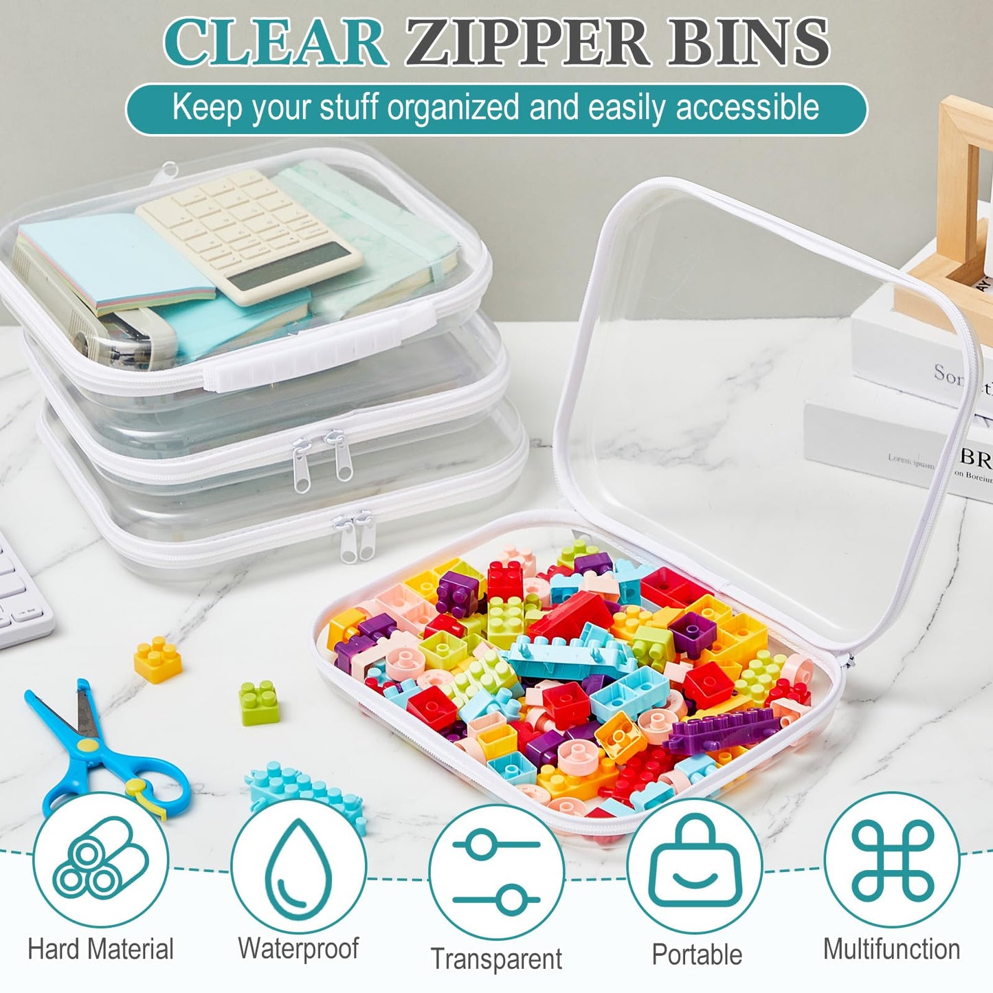 Sanwuta 4 Pcs Clear Hard Zipper Case with Handle Office Storage Cases Hard Plastic Pouches Transparent Bins for Toys, Snacks, Cosmetics, Building Blocks, Puzzles(9.8 x 7.9 x 2 Inches,White)