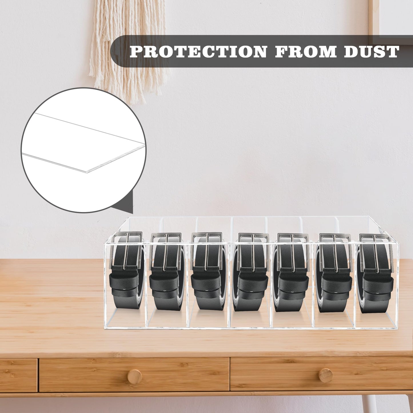 Belt Organizer, Acrylic Belt Storage Organizer for Closet, 7 Compartments Clear Belt Holder with Dust Cover, Belt Display Case Hanger for Drawer Tie and Bow Tie