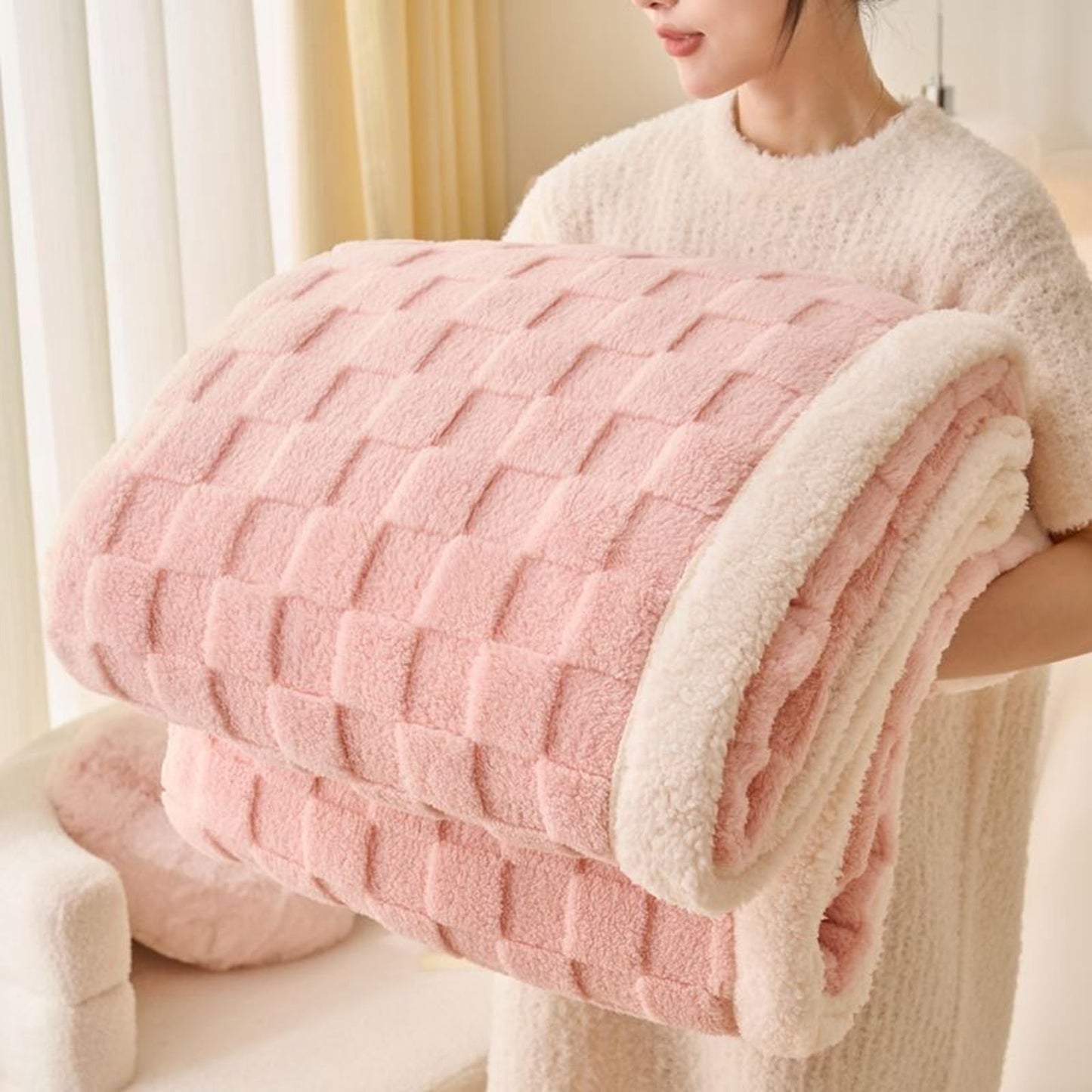 Pink Sherpa Throw Blanket for Couch, Flannel Cozy Soft Blanket for Bed - Fleece, Pink, Home Decor Gifts for Women, 60x80 Inches