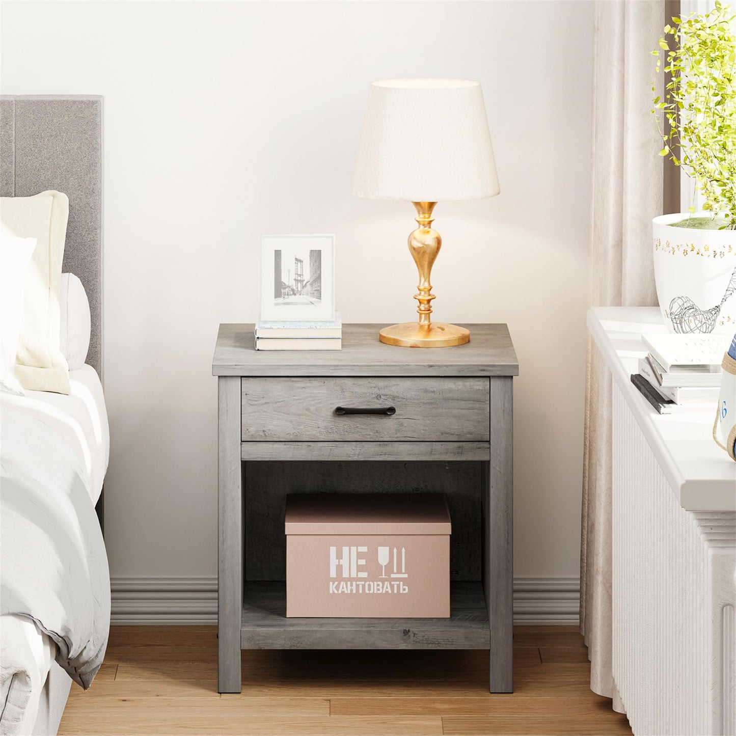 GarveeHome Farmhouse Nightstand Set of 2, Night Stand Bedside Table with Drawer and Storage Shelf, Rustic End Side Table for Bedroom, Living Room, Small Spaces, Grey