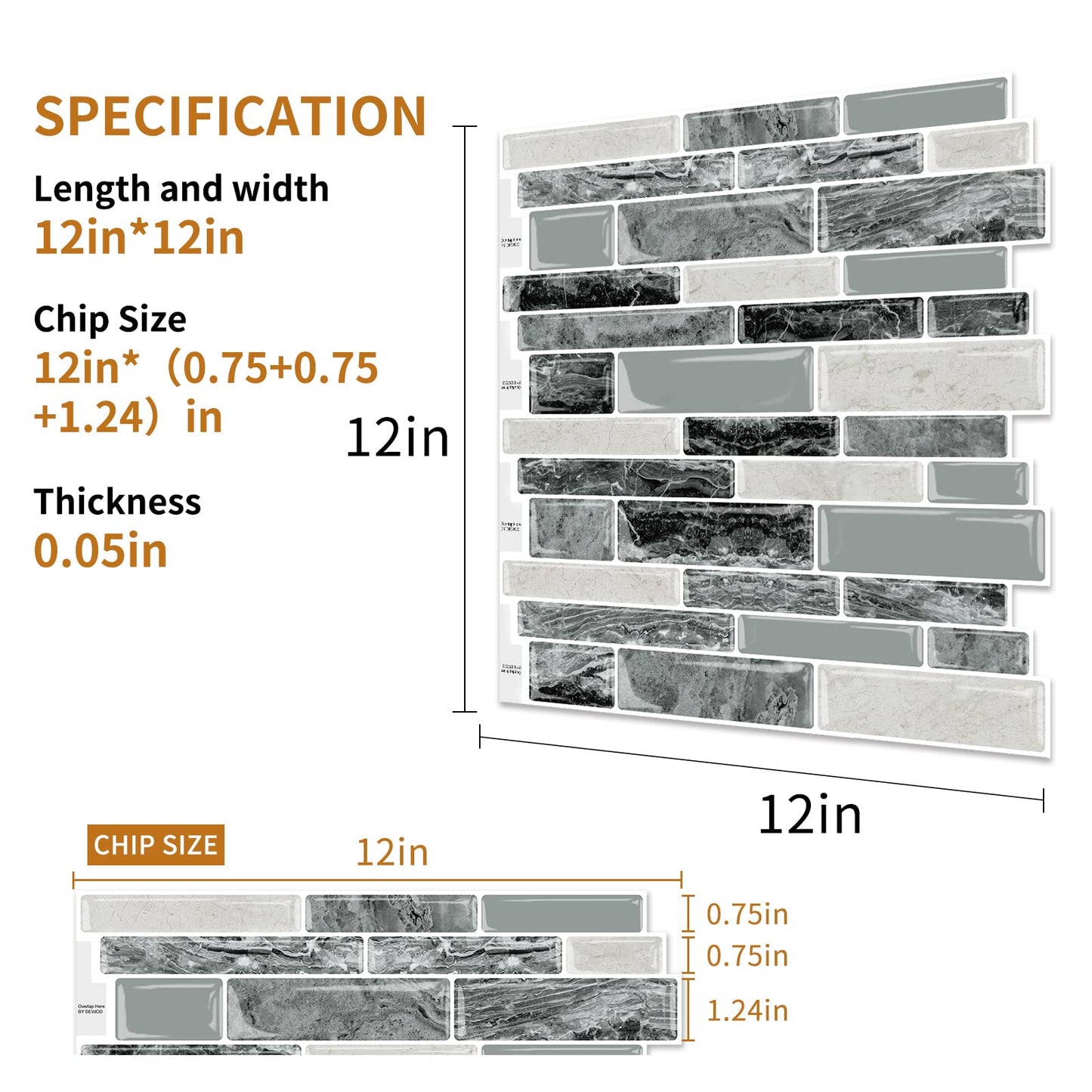 DEWOO Peel and Stick Backsplash 3D Self Adhesive Wall Tiles for Kitchen Bathroom,Marble Gray (10-Sheet, 12"×12")