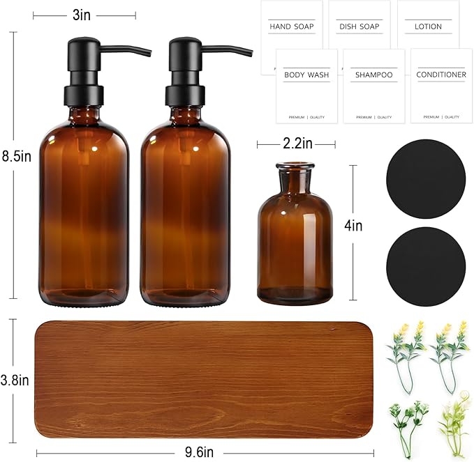 Kitchen Soap Dispenser Set with Wood Riser Tray, Amber Glass Soap Dispenser with Stainless Steel Pump, Hand and Dish Soap Dispenser Set for Kitchen, Soap and Lotion Dispenser Bathroom Decor(Amber)