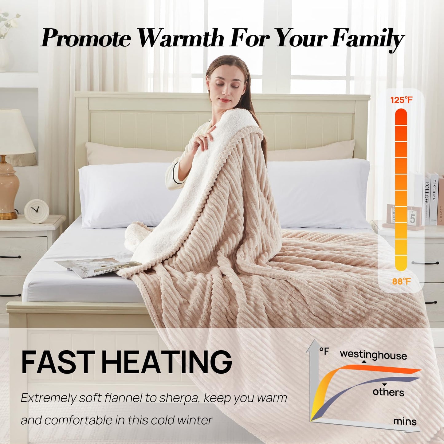 Westinghouse Electric Blanket Twin, Soft Ribbed Flannel to Sherpa Heated Blanket with 10 Heating Levels & 1-12 Hours Auto Shut Off, Fast Heating & Machine Washable, 62x84 Inch, Beige