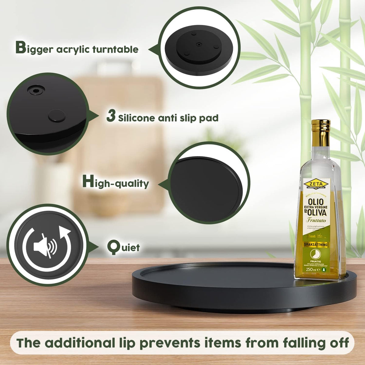 Turntable Vanity Tray 10 Inch for Perfume Candle, Bamboo Kitchen Sink Countertop Organizer Keep Glass, Sponge and Soap Bathroom Coffee Table Decorative Black (VFLZ)