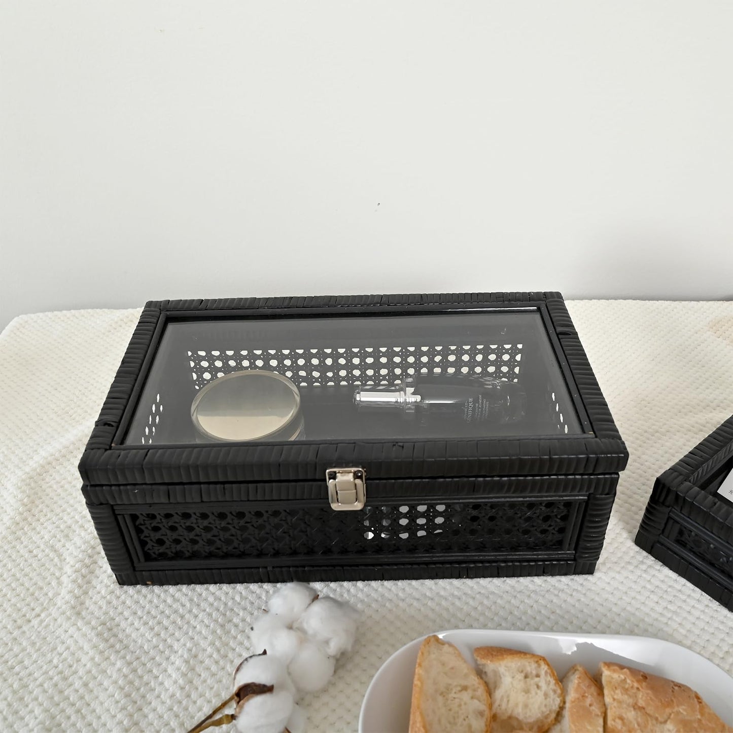 DECOR4SEASON Cane and Rattan Decorative Storage Boxes with Lids - Elegant Set of 2, Stacking Boxes with Glass Top, Handcrafted Rustic Charm for Home Organization (Black, 14.1"x8.2"x5.1")
