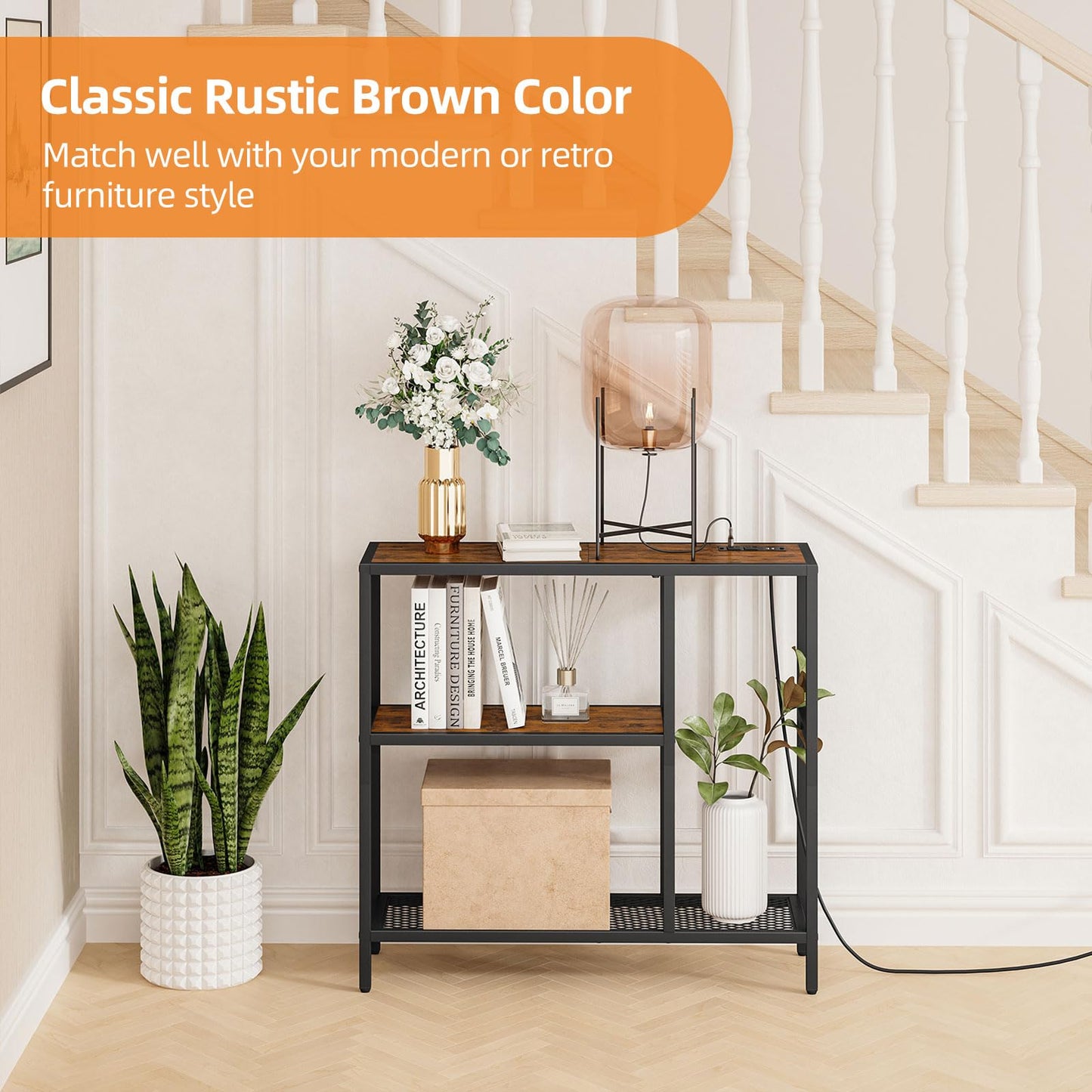 Snughome Console Table with Power Outlets, Entryway Table with Storage, 31.5" L x 9.8" W x 29.5" H Narrow Sofa Table with 3 Tier Shelves, Couch Table with USB Ports, for Hallway Living Room, Entrance