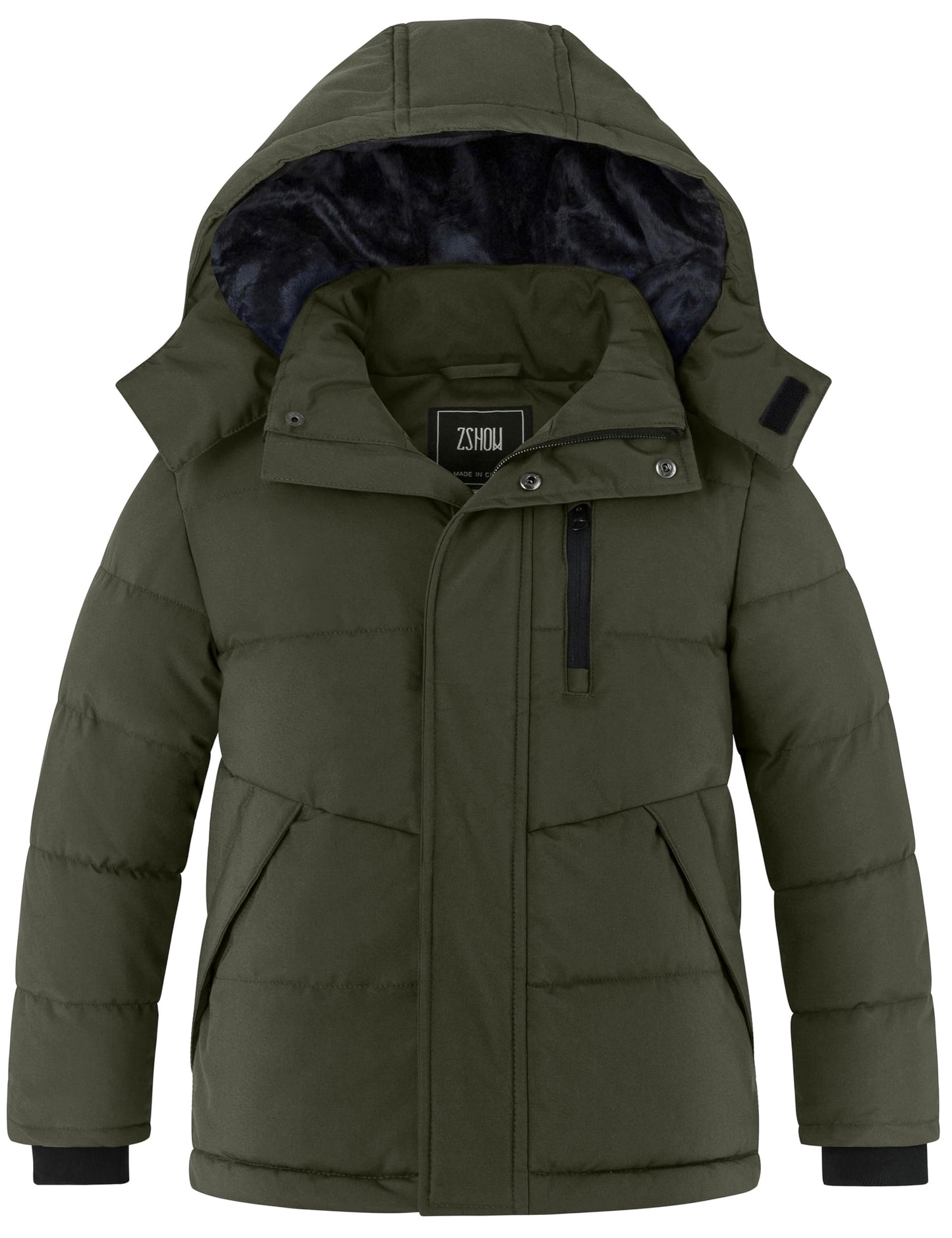 ZSHOW Boys' Windproof Winter Jacket Fleece Lined Padded Puffer Coatt(Army Green,10/12)