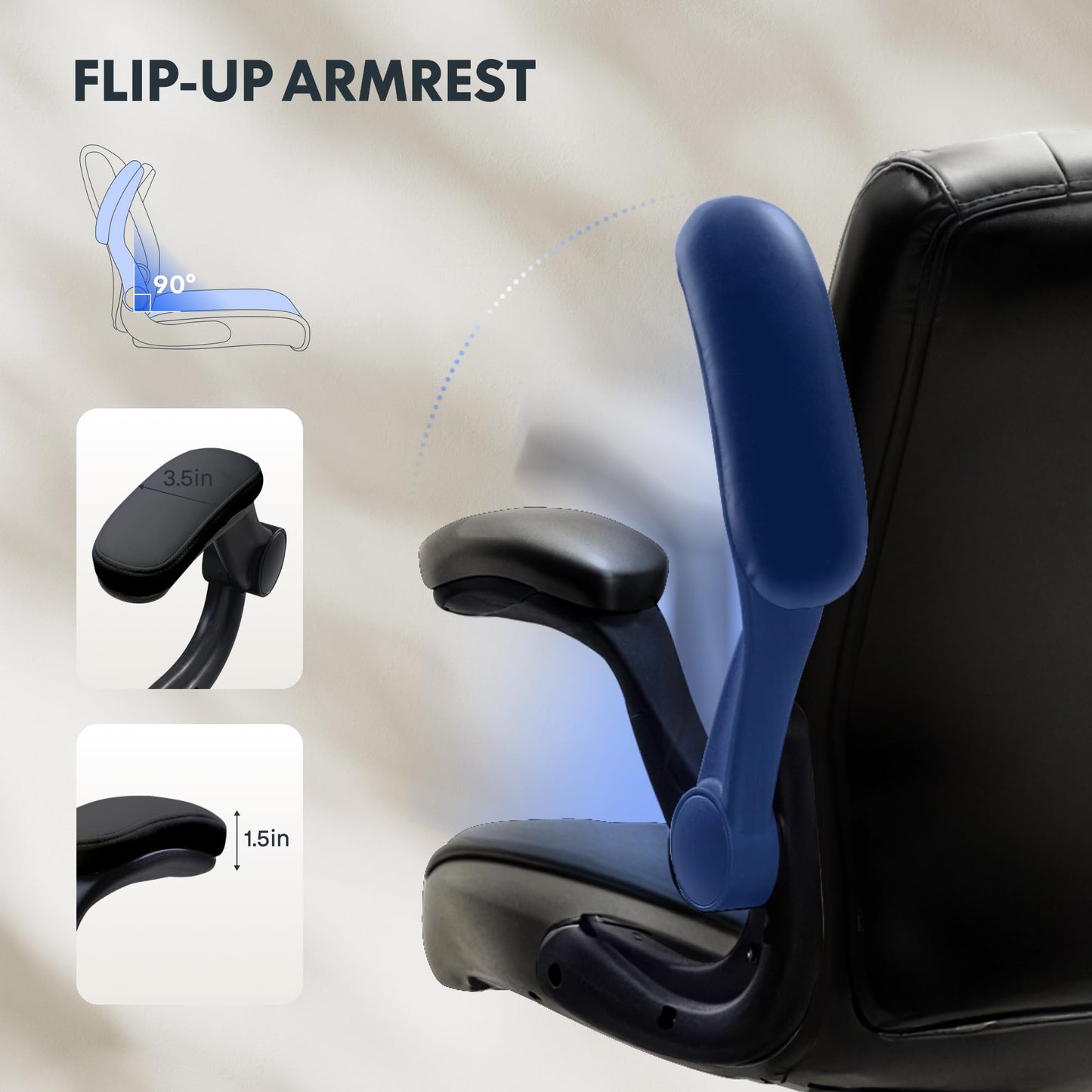 FLEXISPOT Drafting Chair, Black Desk Chair, Comfortable Office Chair with Adjustable Foot Ring Footrest/Flip-up Armrest/4.7in Thick Seat Cushion, Black Vanity Chair with Back, Leather Seat