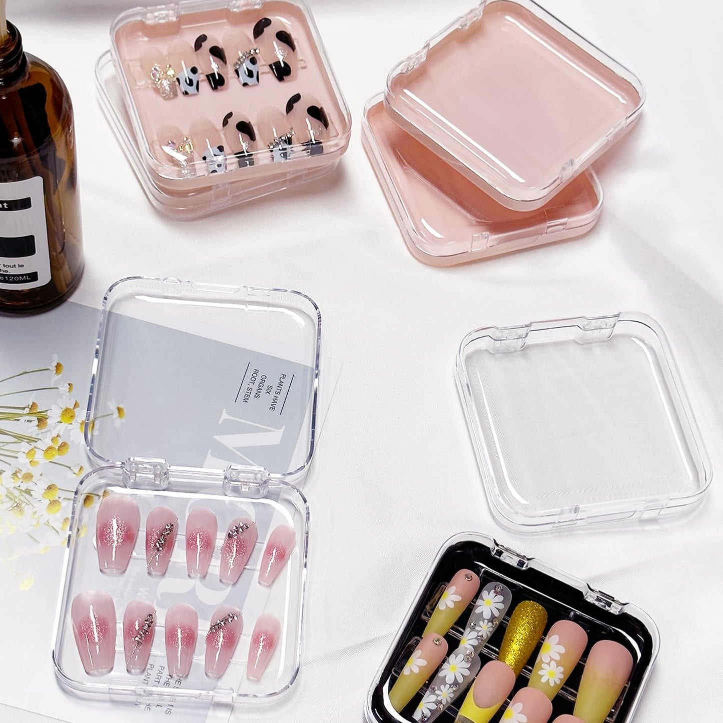12 Piece Press On Nail Storage Box with 60 Pcs Double Sided Tape - Acrylic Fake Nail Display Box for Home Salon Use