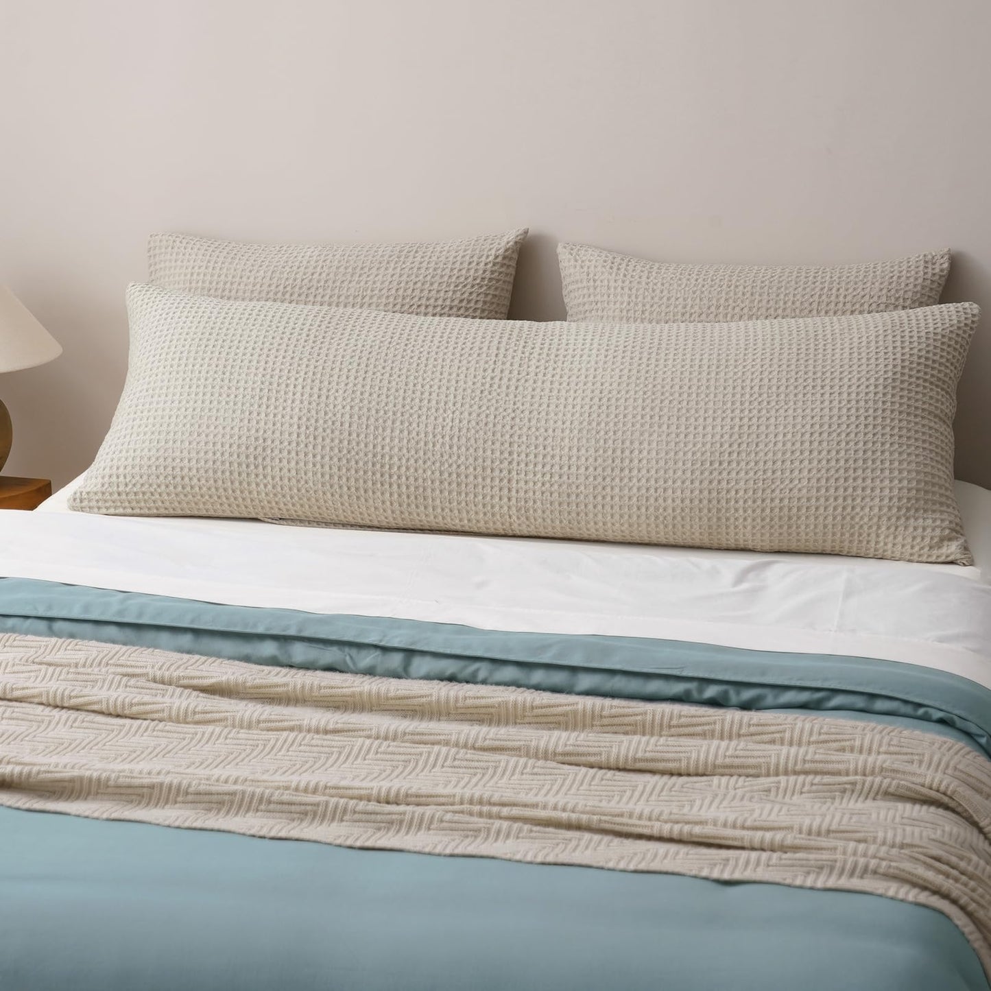 PHF Ultra Soft Waffle Weave Body Pillowcase 20" x 54", No Insert, Breathable & Skin-Friendly Body Pillow Sham with Zipper, Decorative Waffle Weave Pillow Cover, Light Khaki/Linen
