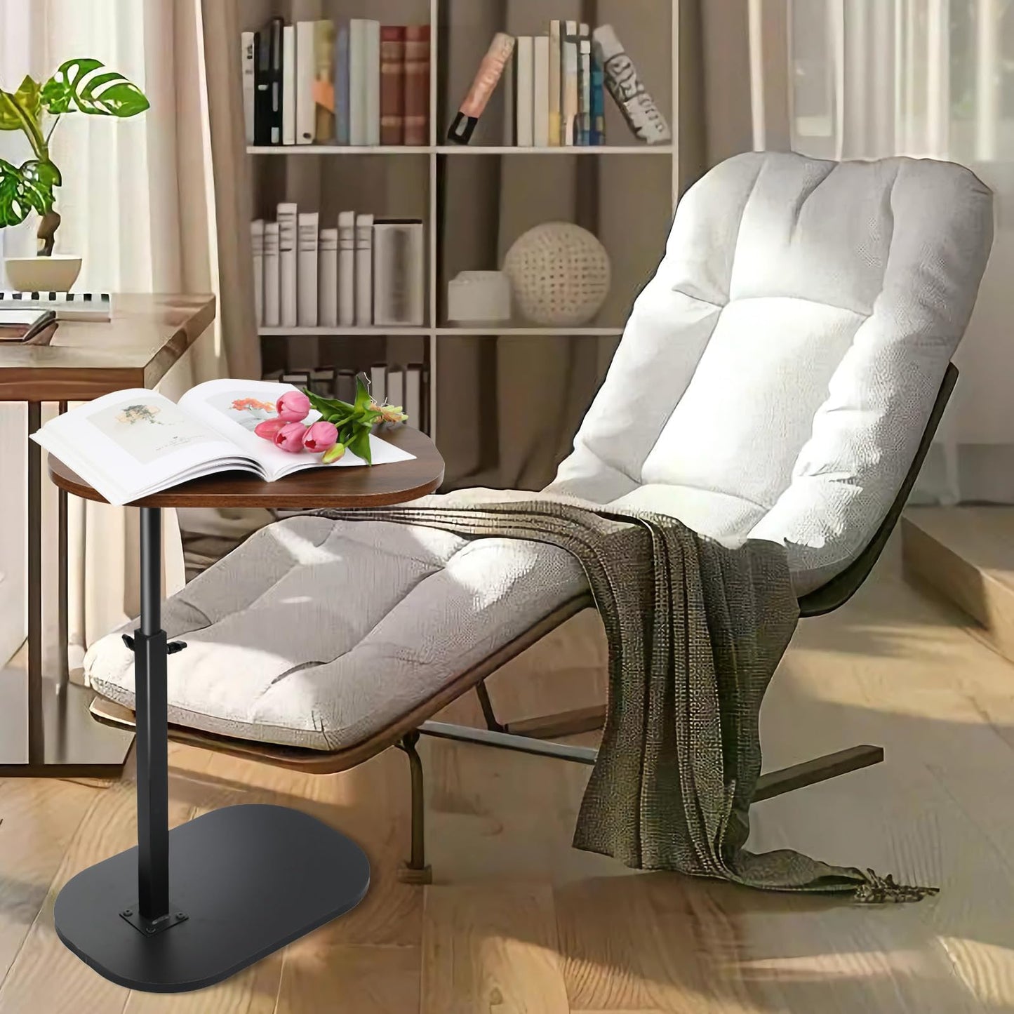 CypherX C Table, Wood Sofa Adjustable Height, C Shaped End Table for Couch, Slide Under Tables, Small Side Table for Living Room, Bedroom, Bedside (Brown)