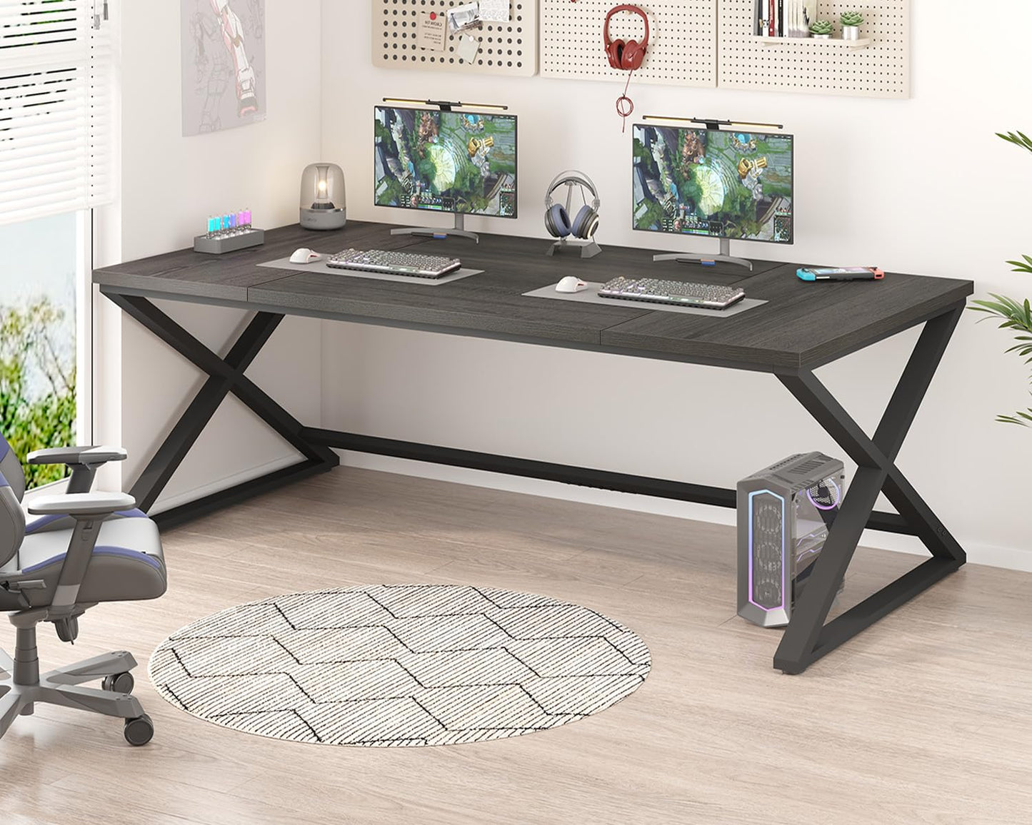 IBF 70 Inch Large Desk, Long Computer Desk for Writing Study, Industrial Home Office Work Executive Desk for Bedroom, Wood Metal Pc Gaming Workstation Computer Table for 2 Monitors, Dark Gray Oak