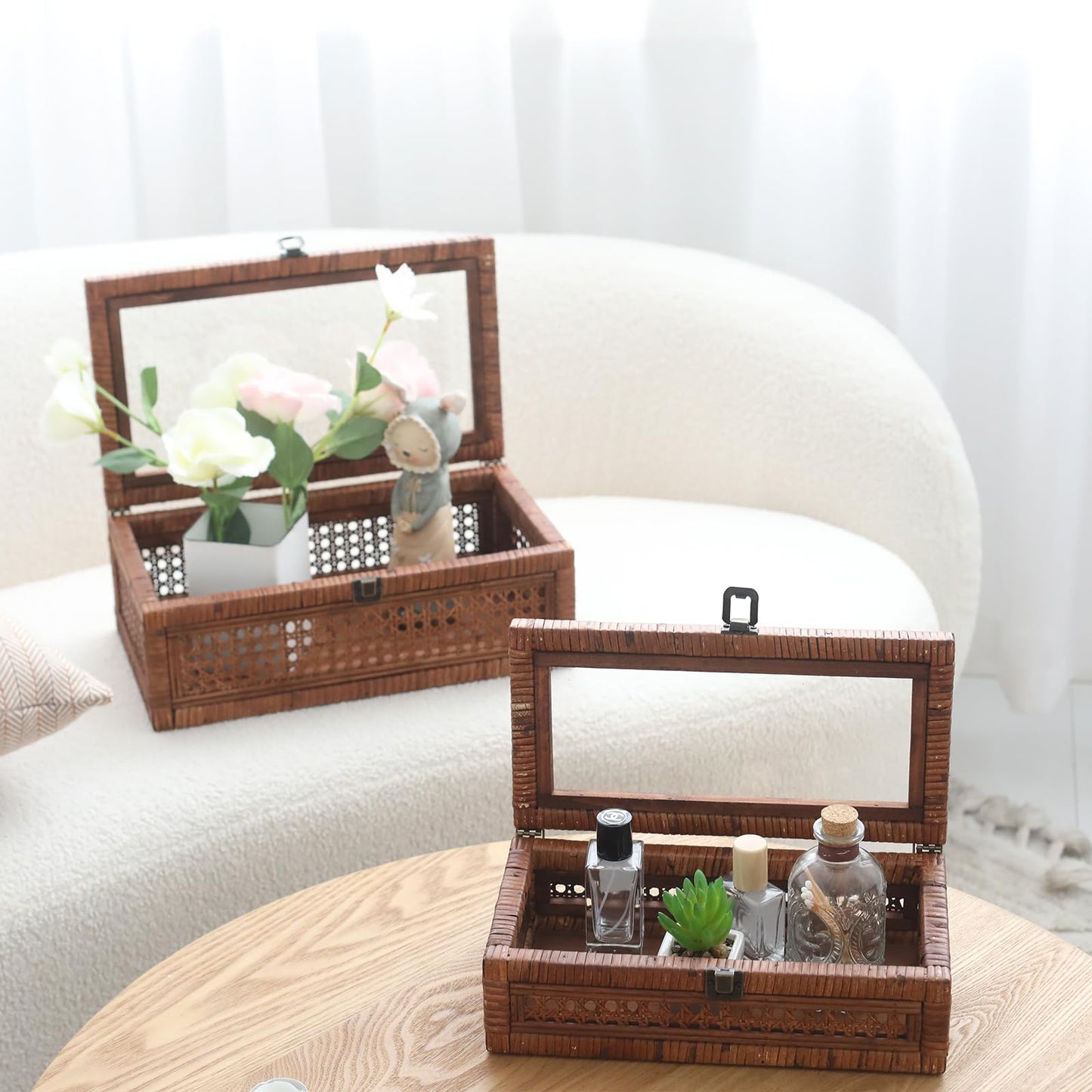 DECOR4SEASON Rattan and Cane Stacking Boxes with Glass Top Lid - Set of 2 11.8" and 14.1", for Boho and Rustic Farmhouse Decor, Brown