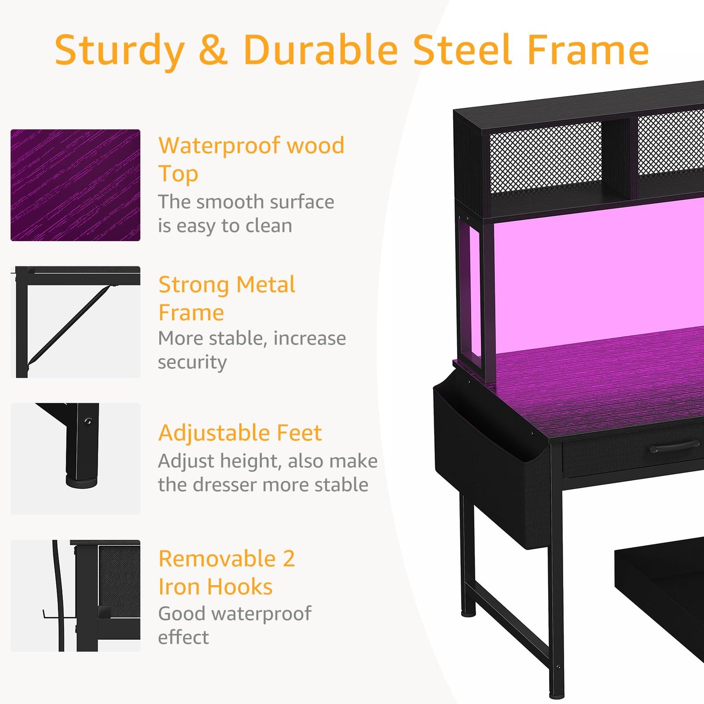 Black Gaming Desk with Hutch and Shelves - Gaming Computer Desk with 2 Storage Drawers, LED Light and Power Outlets, 47 Inch Working Modern Writing Study Desks for Bedroom Home Office