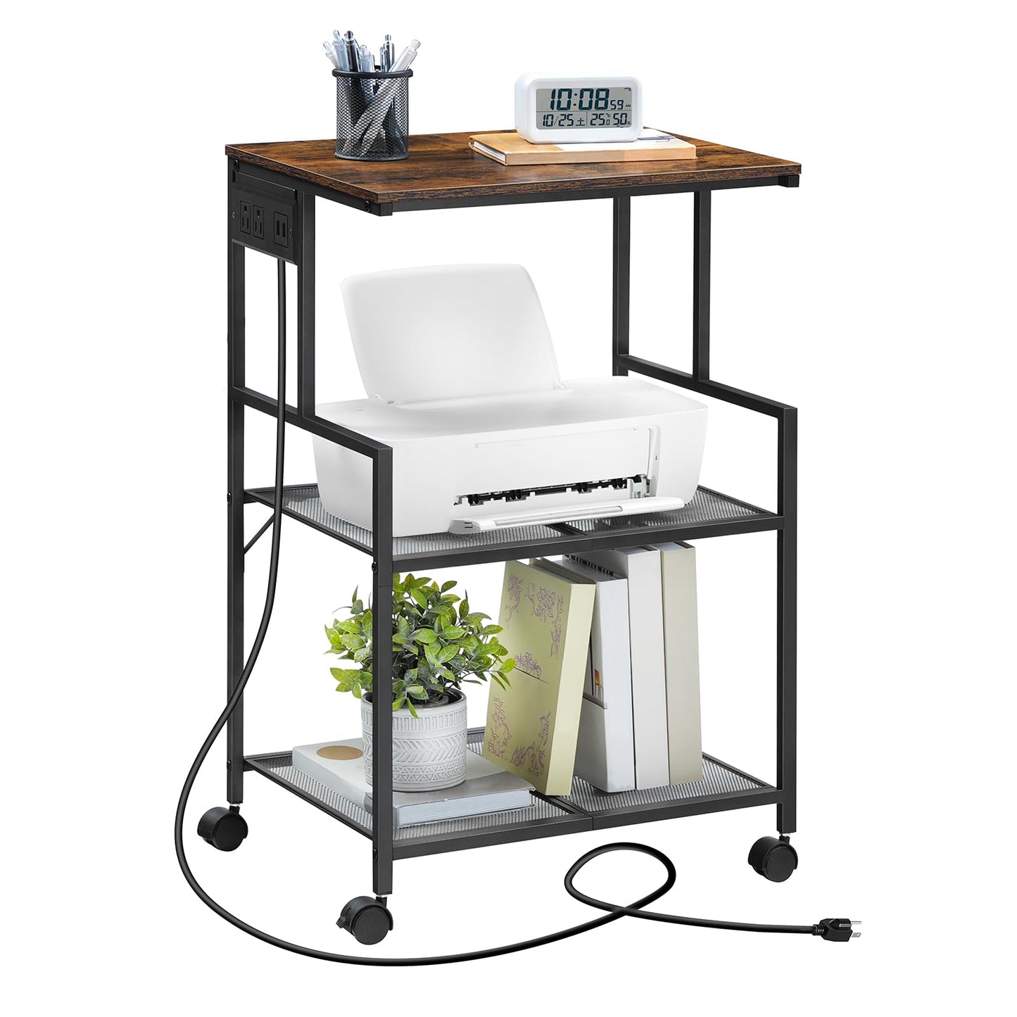 MAHANCRIS Mobile Printer Stand, 3-Tier Industrial Printer Cart with Power Outlets and 2 USB Ports, Rolling Printer Table on Wheels for Home Offices Kitchen Organization Rack, Rustic Brown PTHR78E01
