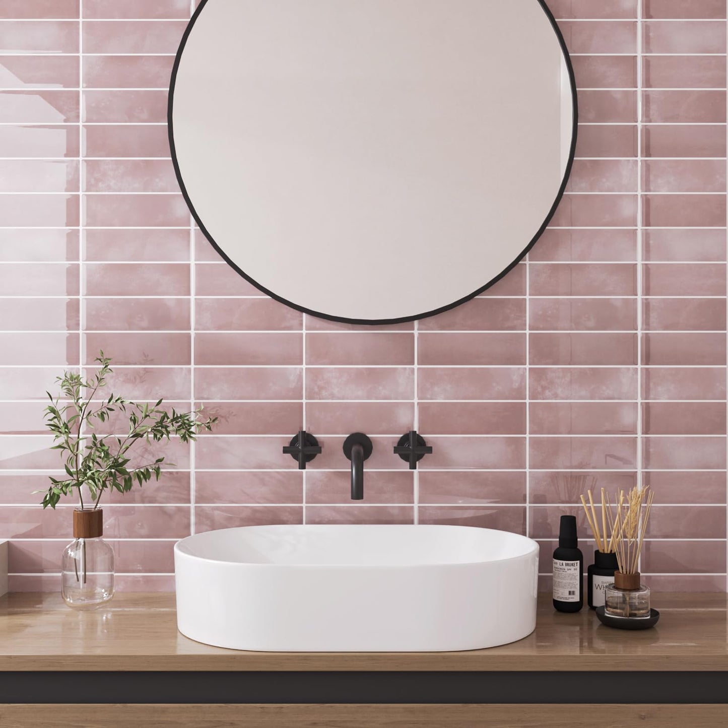 VaryPaper 20 Sheets Pink Peel and Stick Backsplash for Kitchen Back Splash Stick on Tiles Waterproof Bathroom Backsplash Tile Stickers Removable Self Adhesive Wall Tiles for Laundry Room 12''x12''