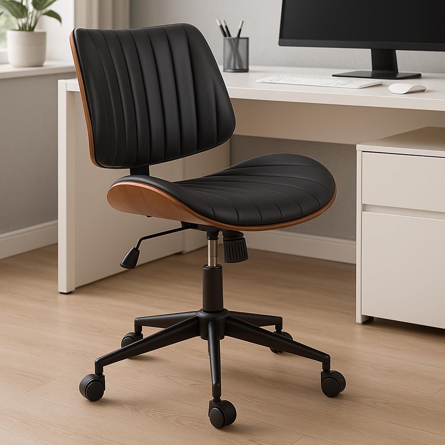 EROMMY Armless Office Desk Chair,Wooden Back Small Office Desk Chair No Arms Adjustable Height Modern Armless Chairs with Swivel Wheels for Small Spaces, Black