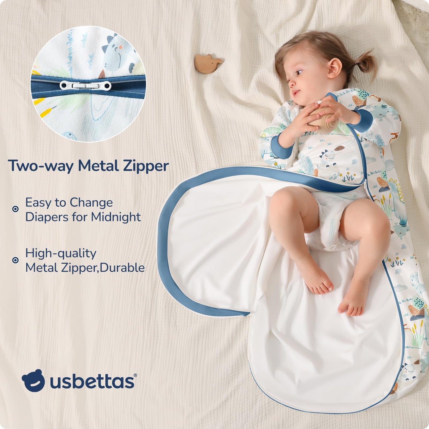 usbettas Baby Sleep Sack 6-12 Months, Cotton Long Sleeve Sleep Sack, 1.0 Tog Lightweight Transitional Swaddle with Temperature Strips, 2-Way Zipper Wearable Blankets for Toddler,Dinosaur