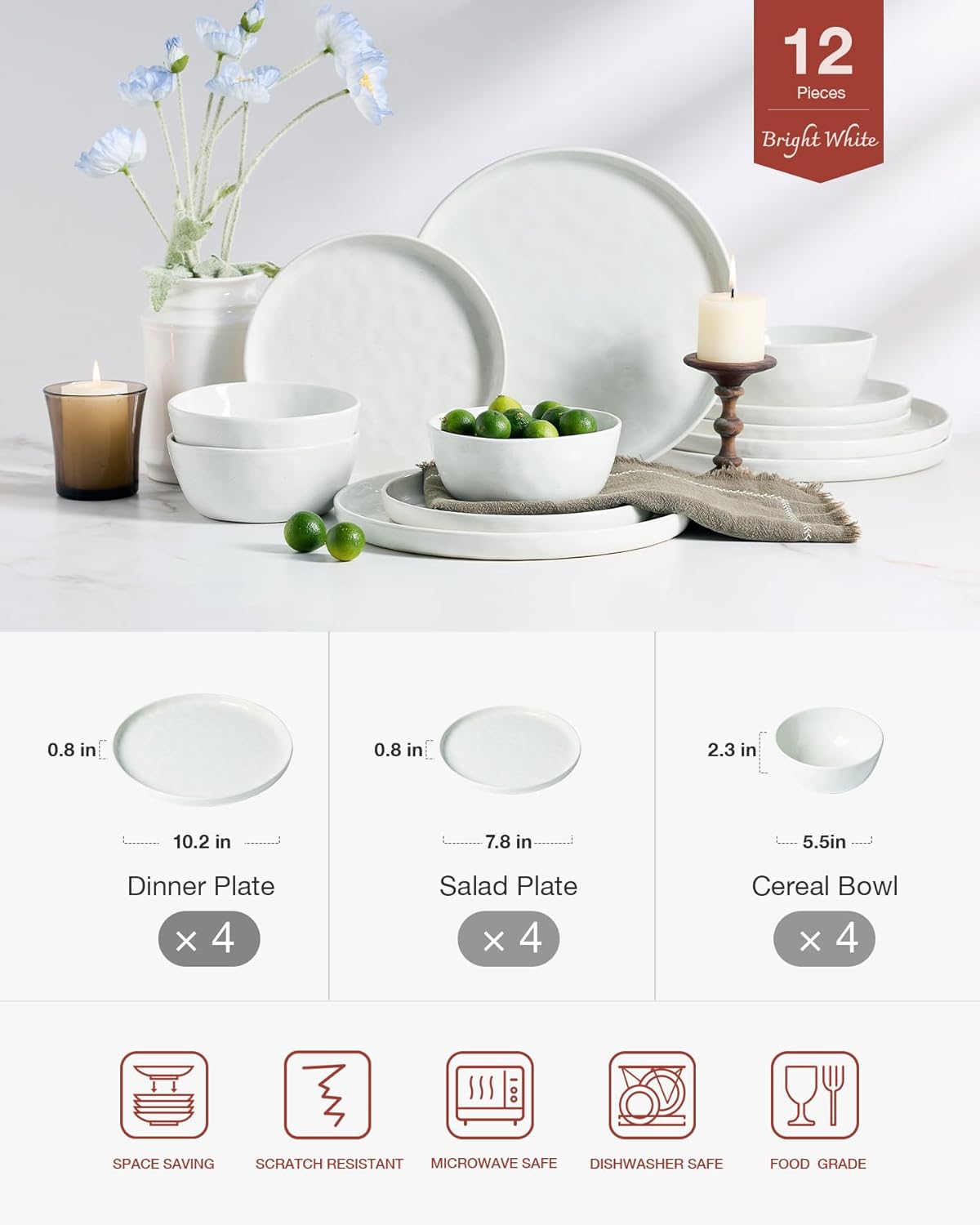 Famiware Mars Plates and Bowls Set, 12 Pieces Dinnerware Sets, Dishes Set for 4, White