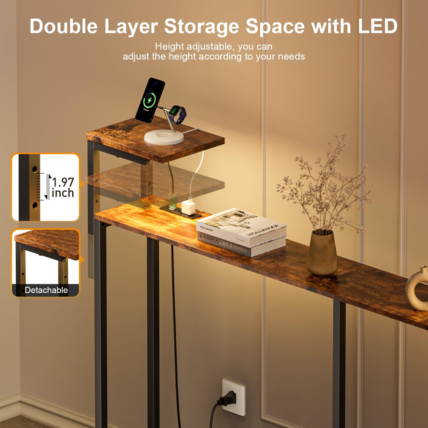 HLDIRECT 71 Inch Couch Table Behind Sofa with Double Storage Shelves, Narrow Long Console Table with LED Light & Outlet for Living Room,Entryway Desk for Hallway, Rustic Brown