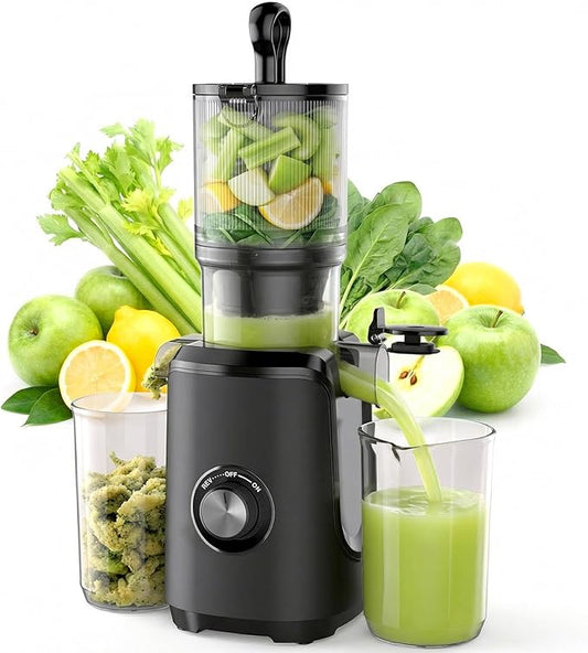 NEWBULIG Cold Press Juicer Machines, Masticating Juicer with High Juice Yield, Reverse Function, Stops Oxidation and Easy to Clean for Vegetables & Fruits, Black