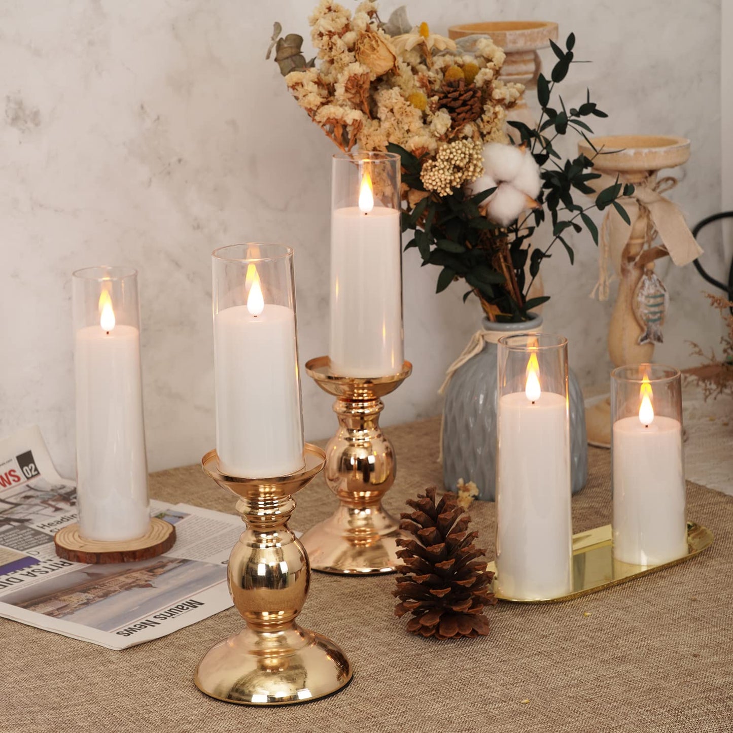 Amagic Pure White Flameless Candles, Battery Operated Candles, Acrylic Flickering LED Pillar Candles with Remote Control and Timer, 3D Wick, Yellow and Blue Glow, D2.2 xH5 6" 7", Set of 9