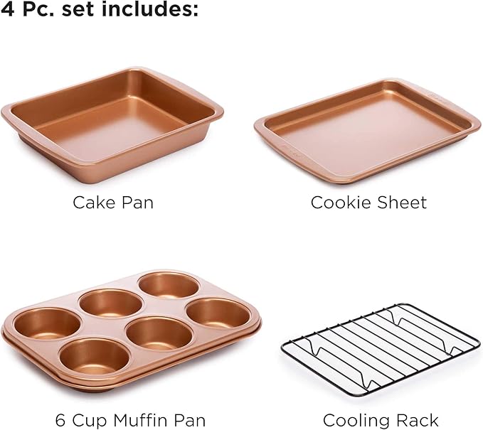 Ecolution Non-Stick Toaster Oven Bakeware Set, 4 Piece, Carbon Steel, Easy to Clean and Perfect for Single Servings, Copper