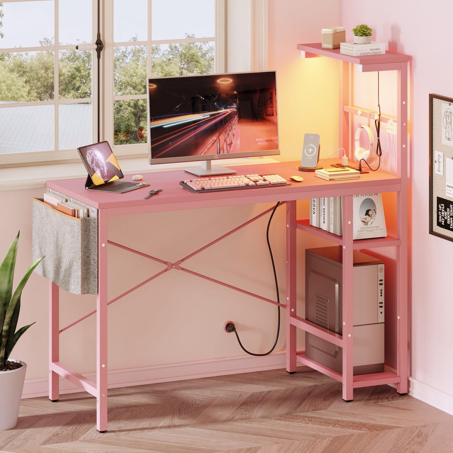 Bestier Pink Gaming Desk with Power Outlets, 44 Inch Led Gamer Desk with 4 Tiers Reversible Shelves, Computer Desk with Headset Hook & Side Storage Bag for Bedroom (Pink 3D Carbon Fiber)