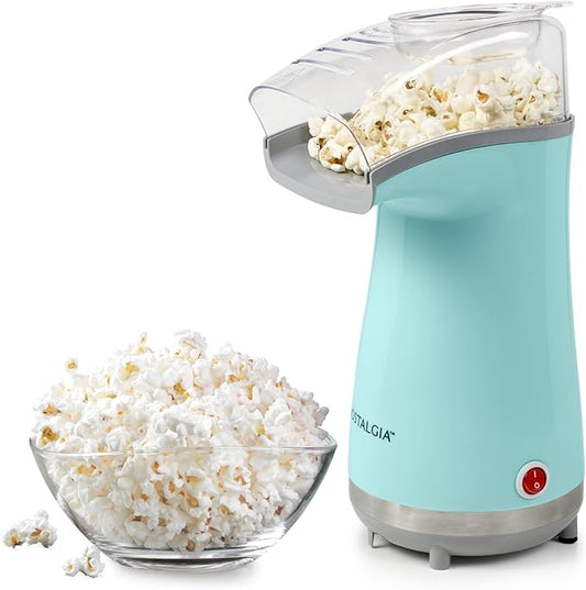 Nostalgia Air Popper Popcorn Maker - Oil-Free Popcorn Machine Pops Up To 16 Cups with Hot Air for Movie Night Snacks - Aqua Popcorn Popper with Swirling Air Chamber & Measuring Cup for Precise Popping
