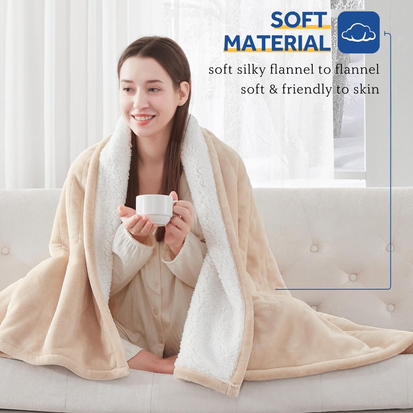 Sealy Electric Blanket Twin Size, Flannel & Sherpa Heated Blanket with 10 Heating Levels & 1-12 Hours Auto Off, Machine Washable, Beige, 62x 84 Inch