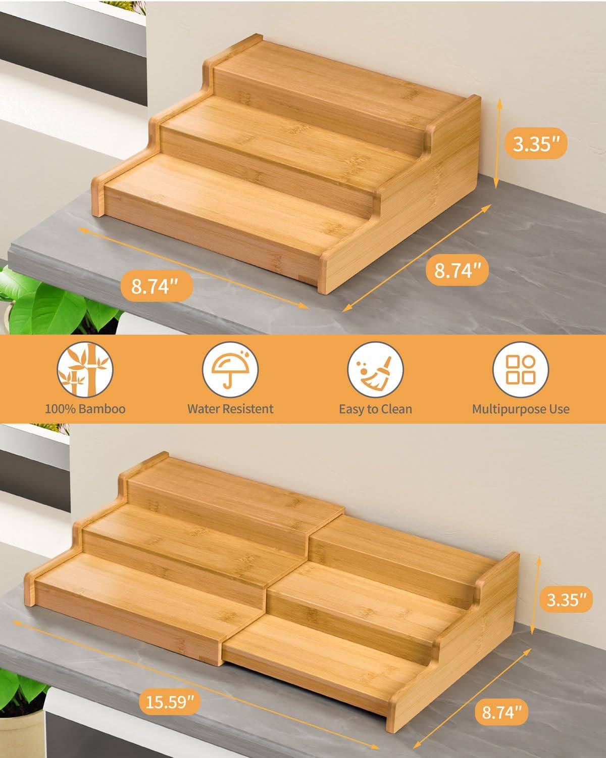 Spice Rack Organizer, 3 Tier Expandable Bamboo Spice Rack Organizer, Great for Kitchen Cabinet, Cupboard, Pantry and More-Bamboo