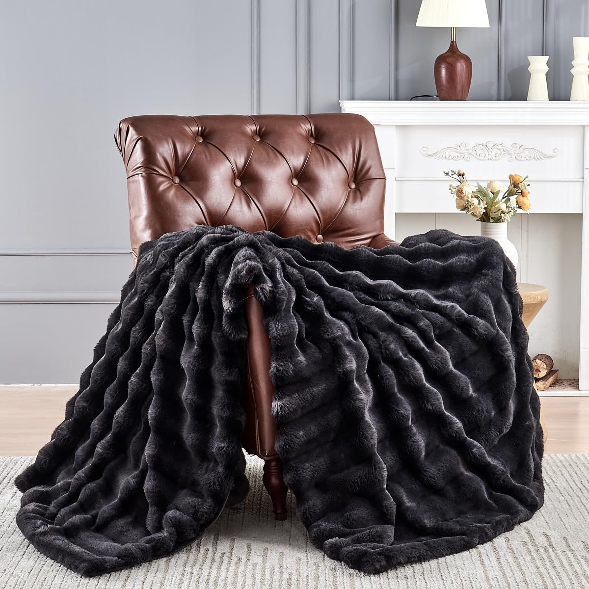 Gusuhome Faux Fur King Couch Blanket - Luxurious Faux Rabbit Fur Bed Blanket Reversible - Cozy Warm Fluffy Fuzzy Plush Striped - 90x106 Inches Black